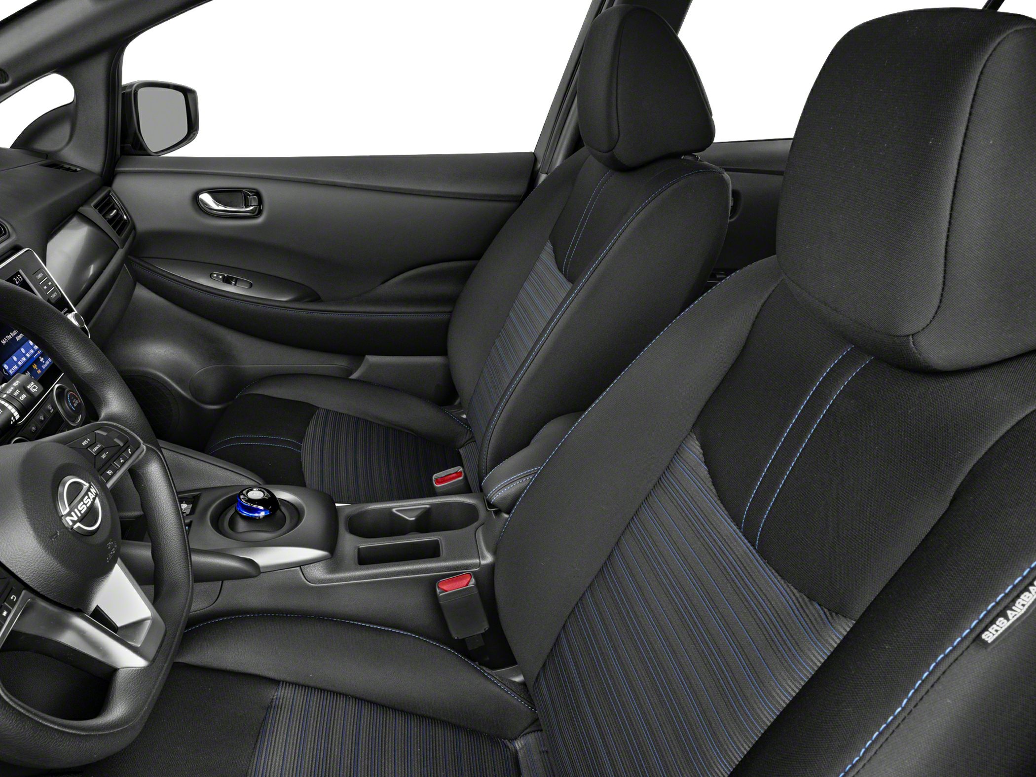 Front seats and dashboard with center console of a modern electric vehicle