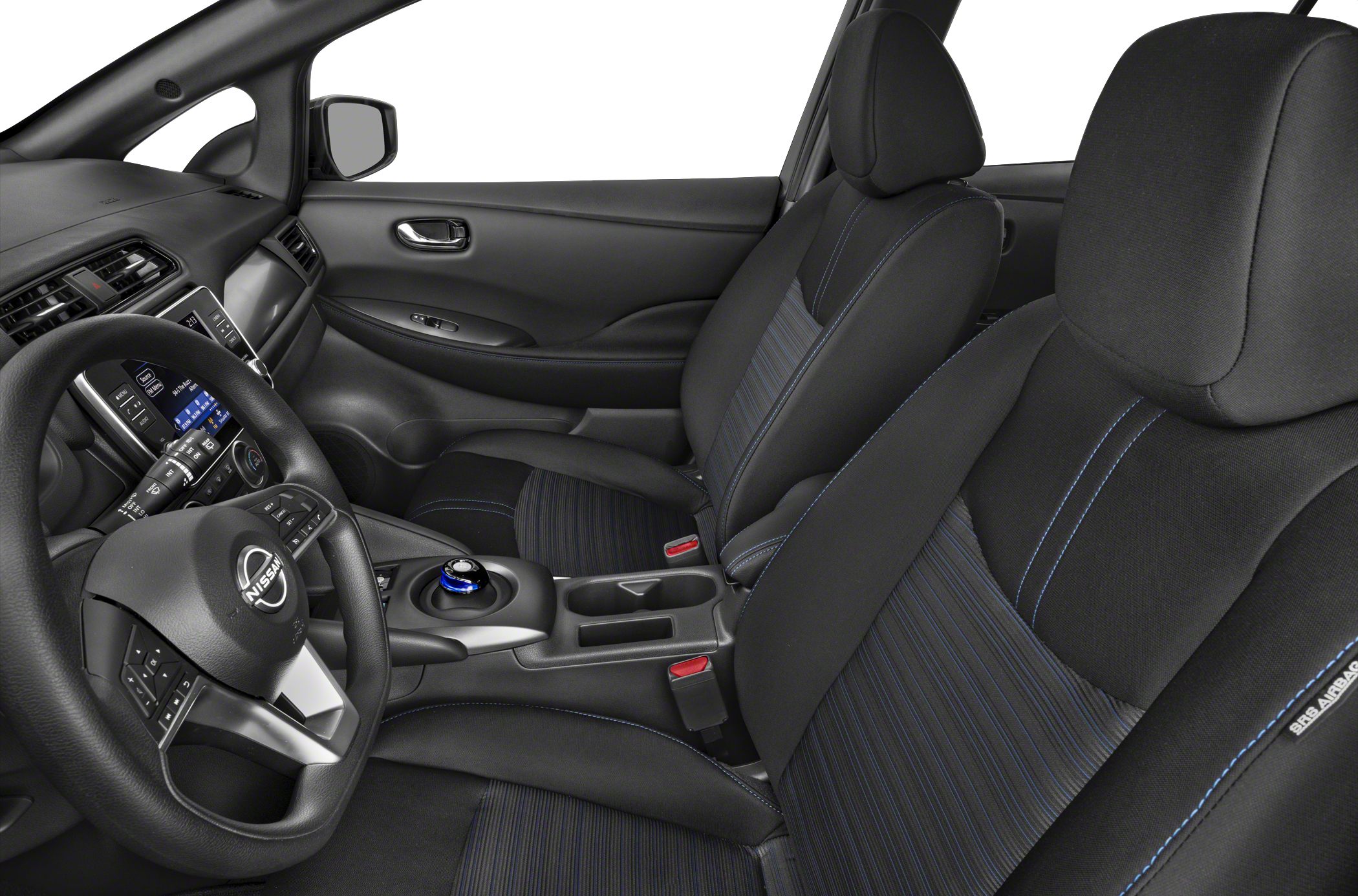 Modern car interior with dashboard, steering wheel, and front seats