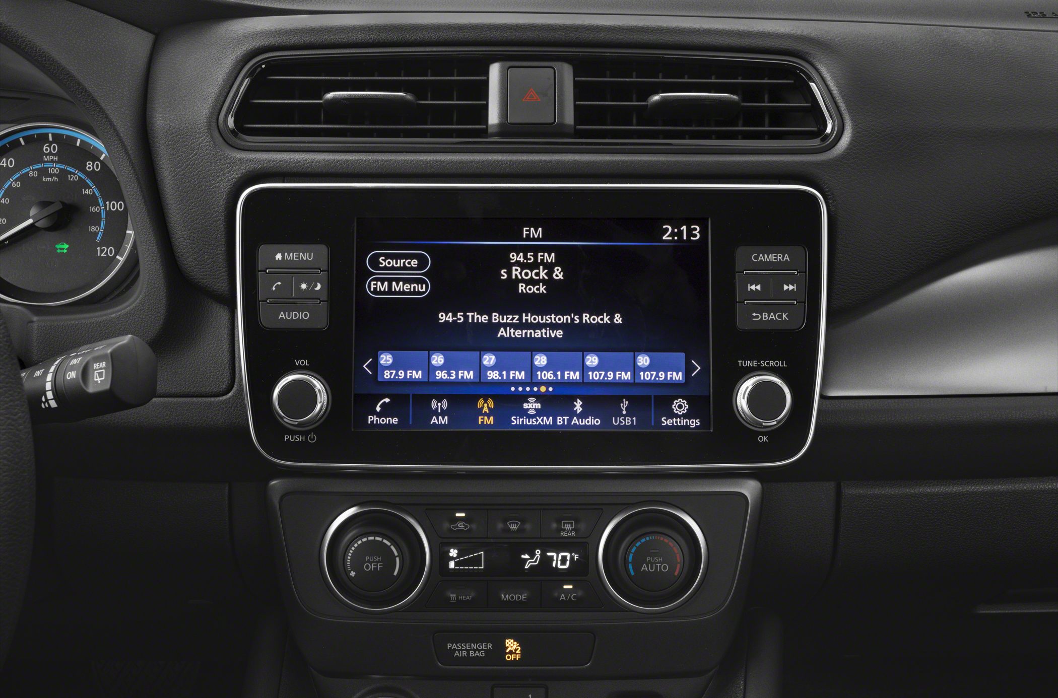 Touchscreen infotainment and climate control panel with dials and buttons