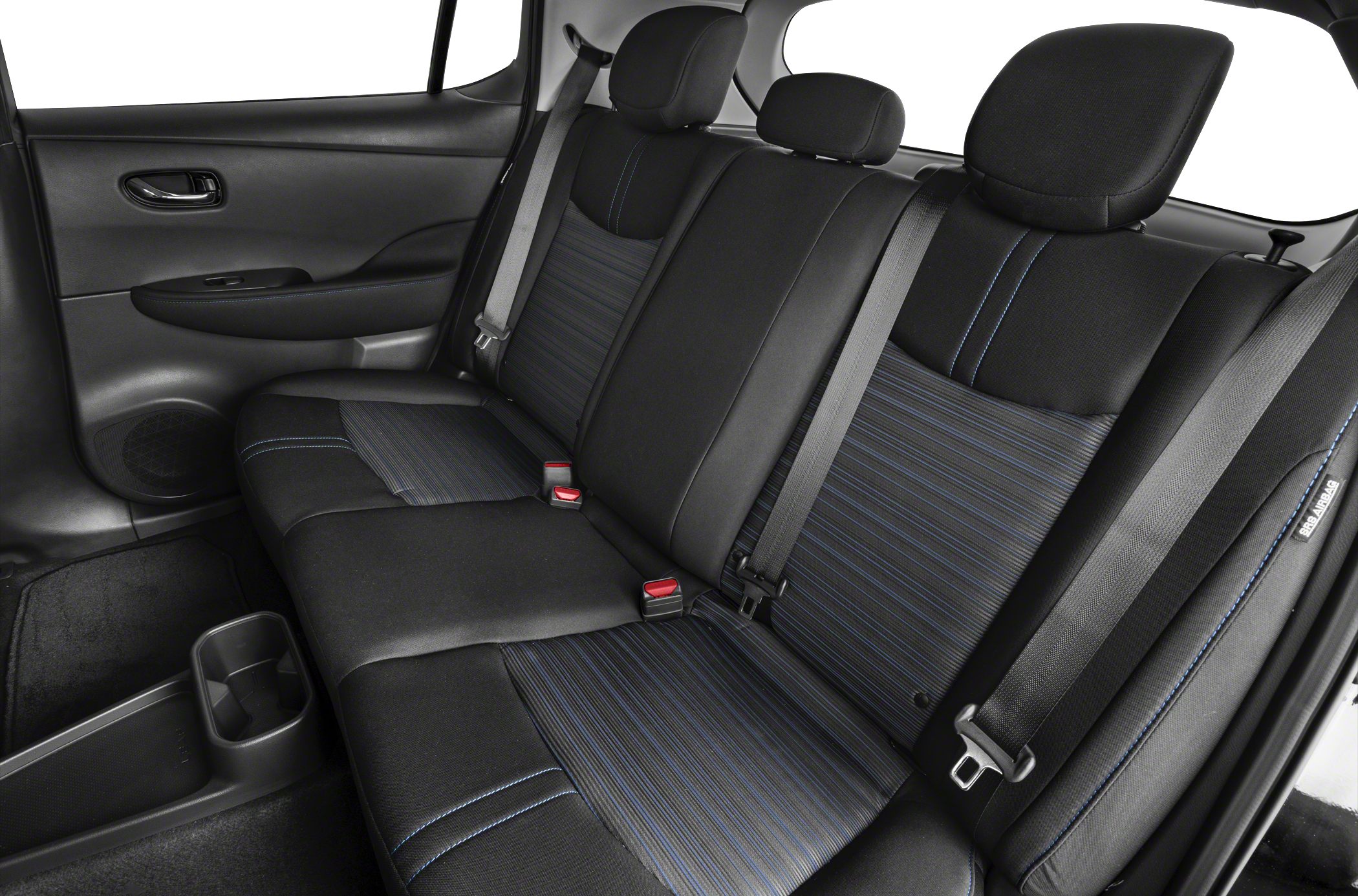 Rear seats with black upholstery and blue stitching, seat belts, and headrests