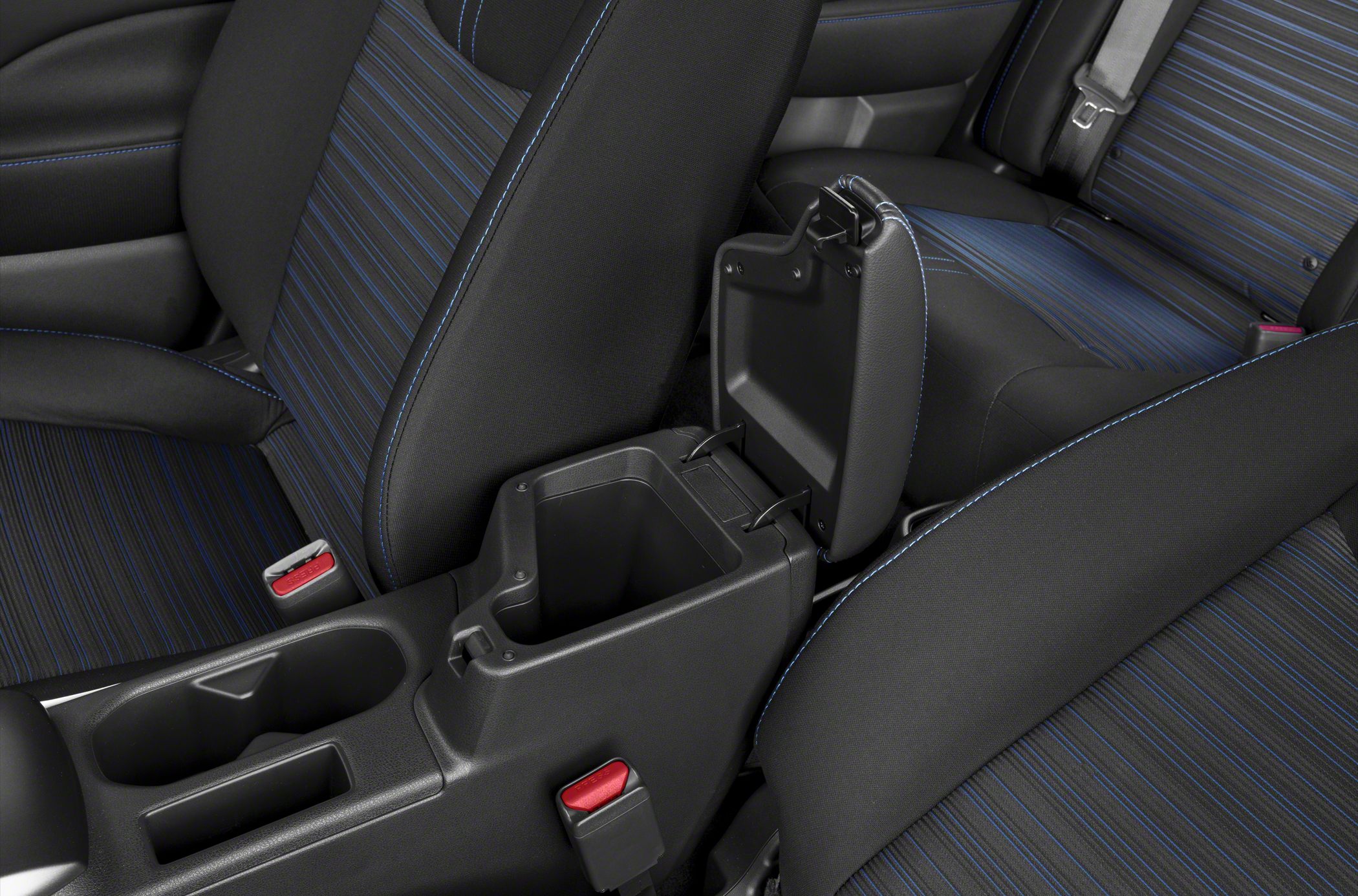 Open center console storage and striped fabric seats
