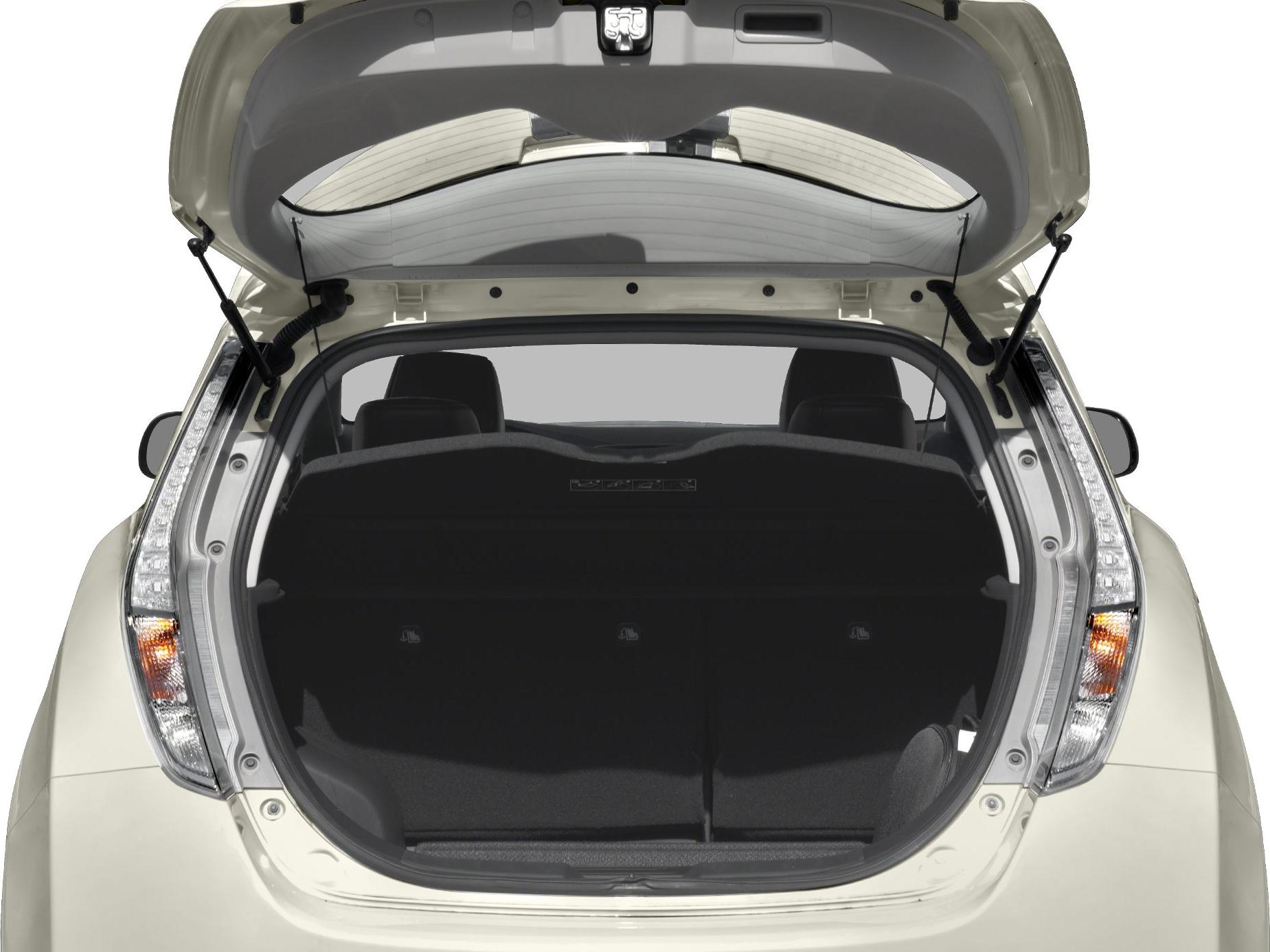 Open rear hatchback trunk with visible interior seating