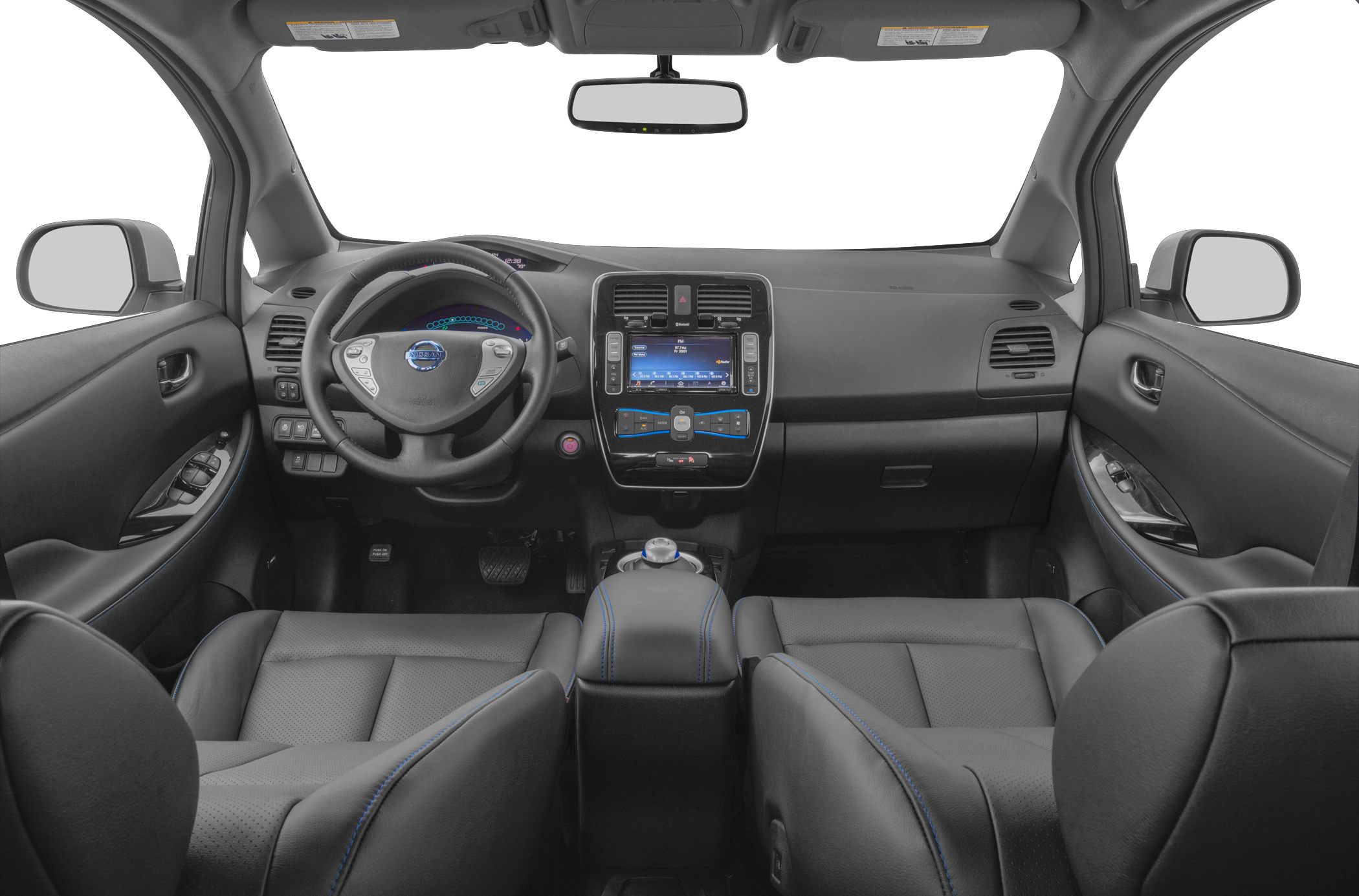 Electric car interior with dashboard, steering wheel, and center console