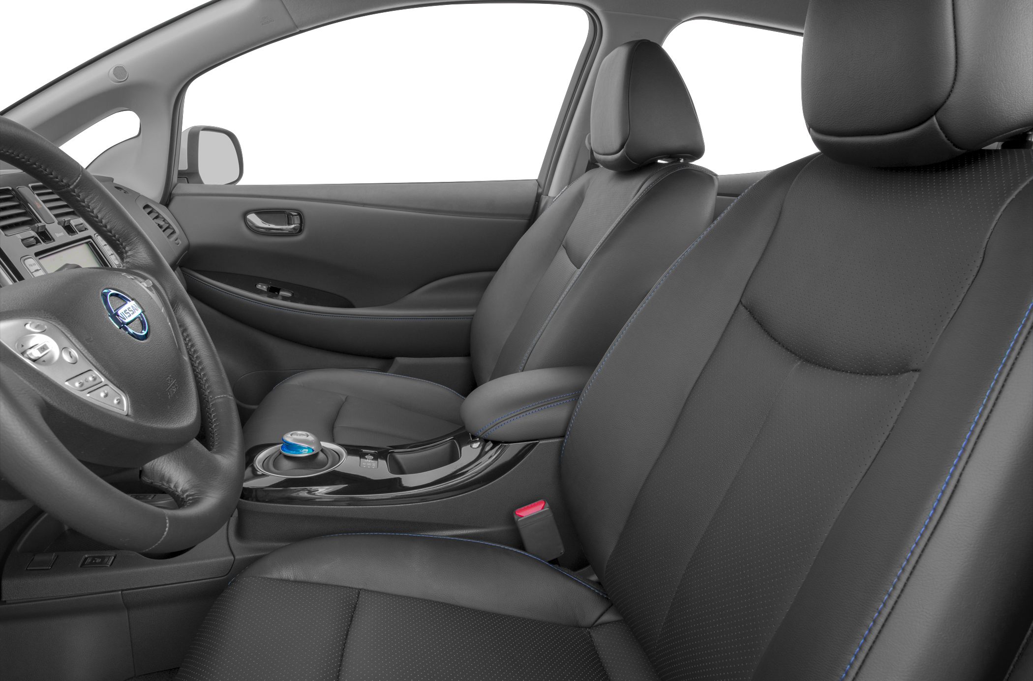 Steering wheel, gear selector, and leather front seats with blue stitching