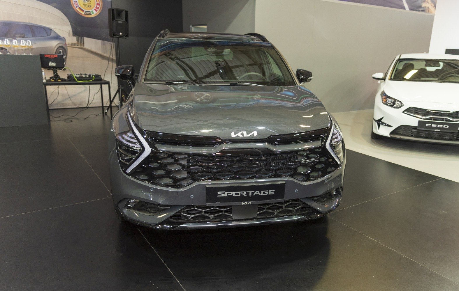 Modern SUV front with unique LED lights and honeycomb grille