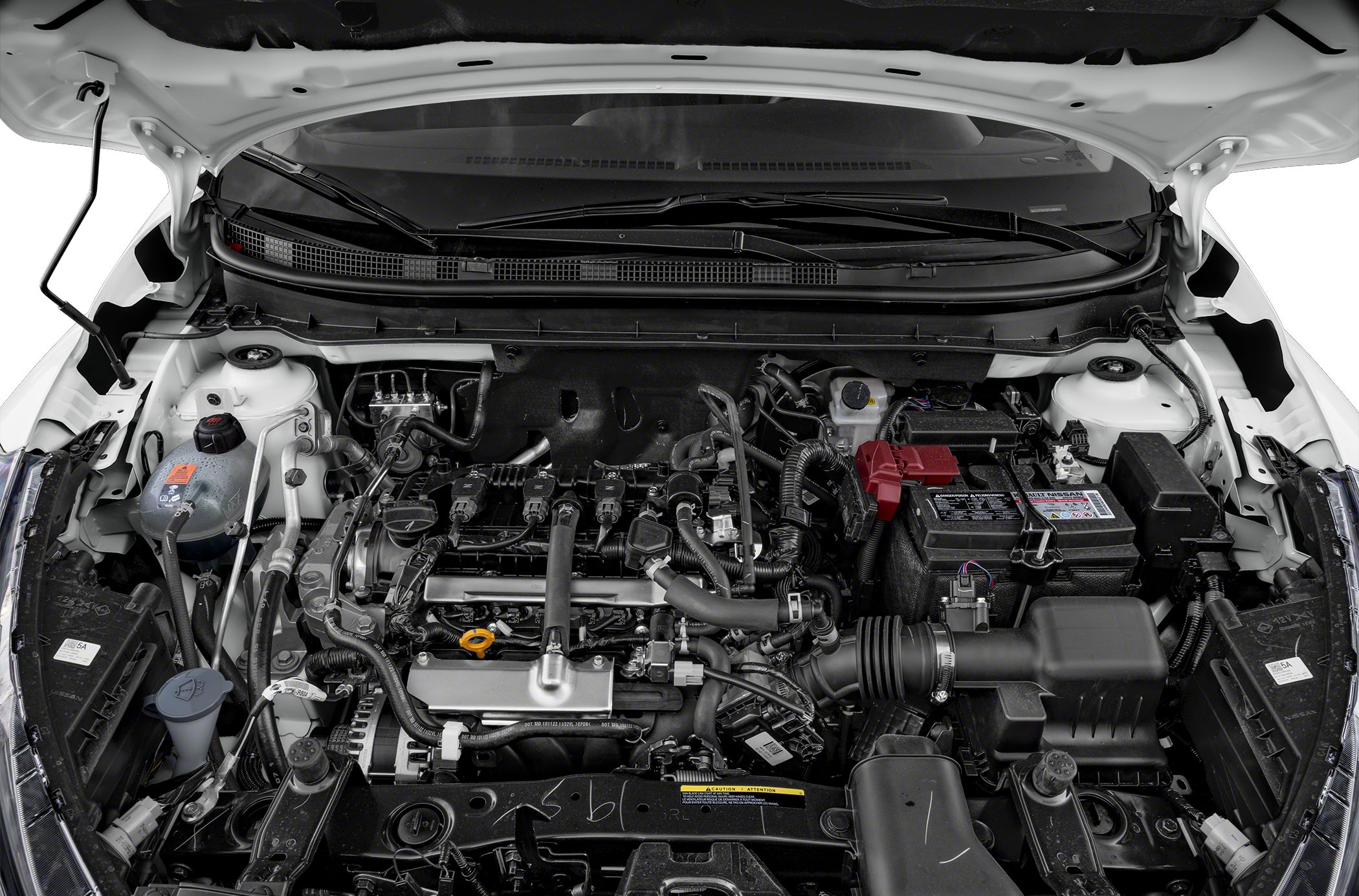 Nissan Kicks engine compartment view with battery and fluid reservoirs