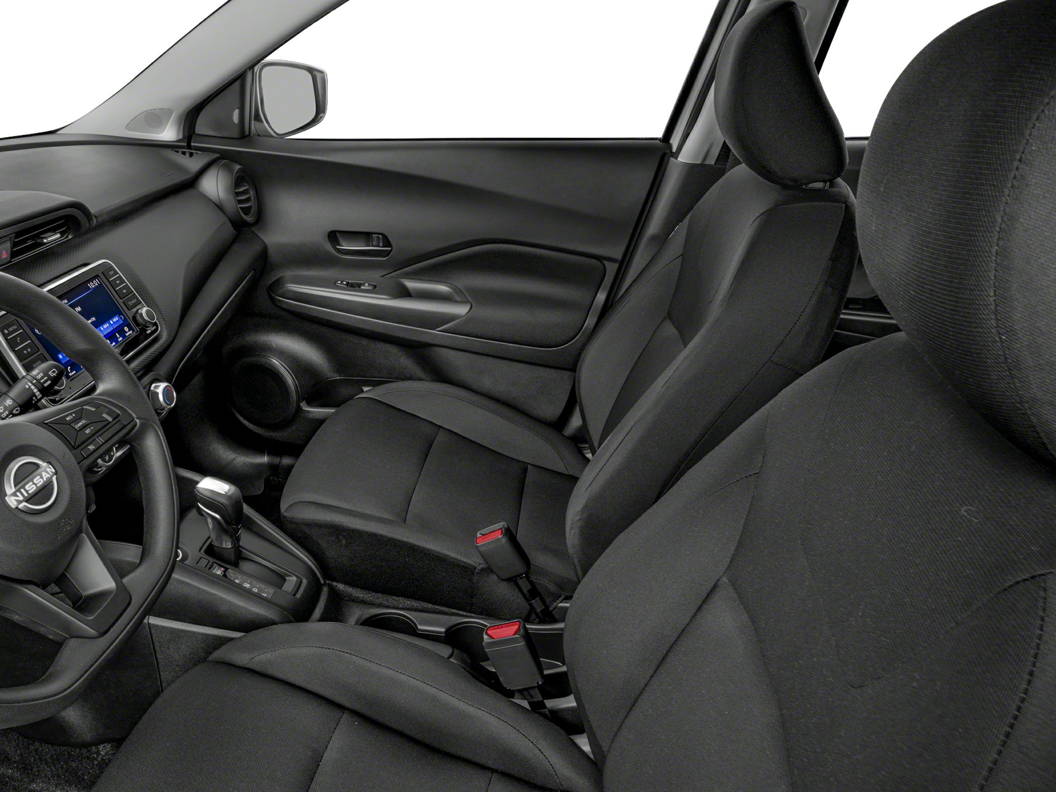 Front fabric seats and dashboard with infotainment system