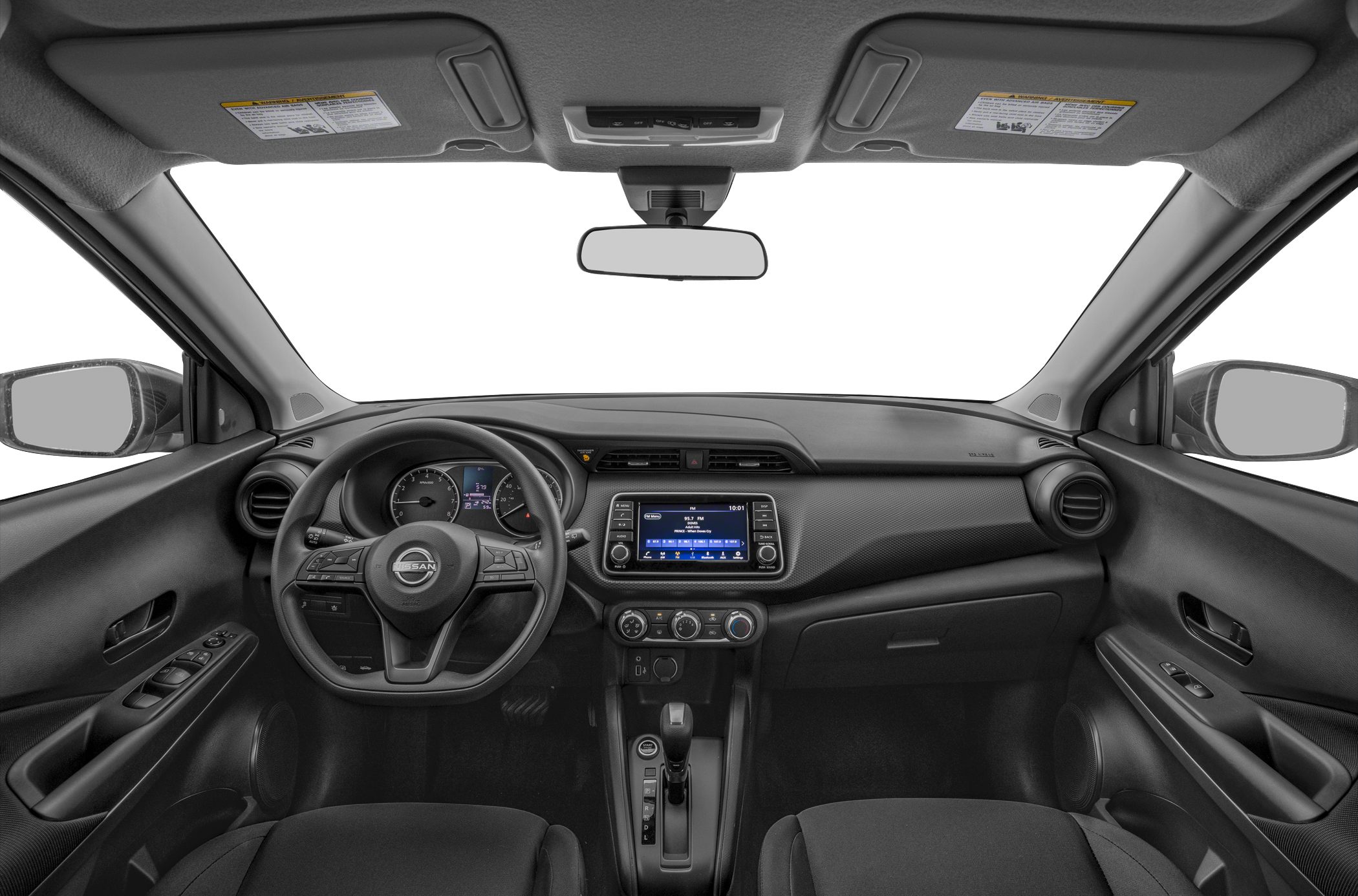 Interior dashboard with steering wheel, infotainment screen, and climate controls