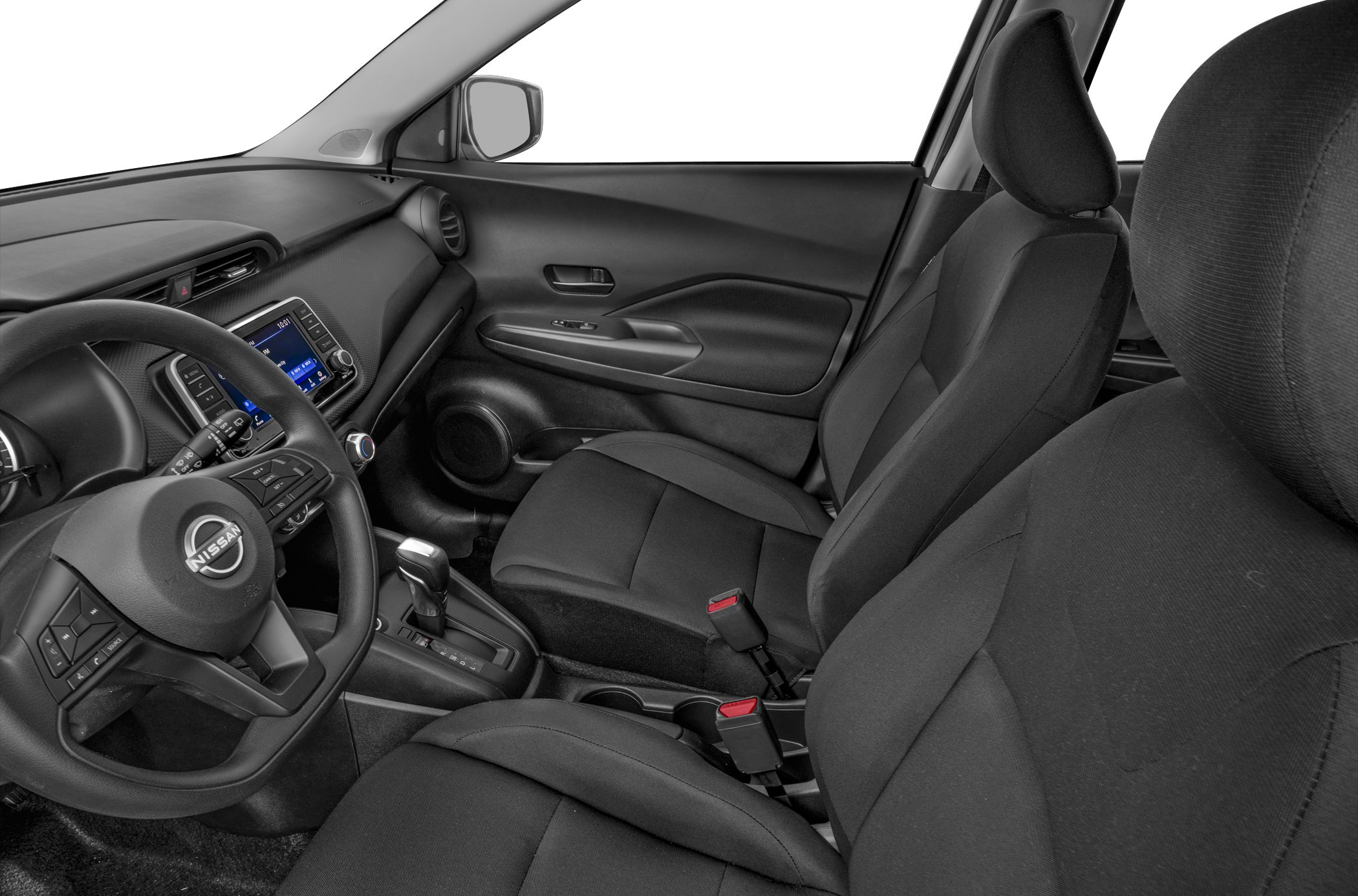 Black fabric seats, modern dashboard, multifunction steering wheel