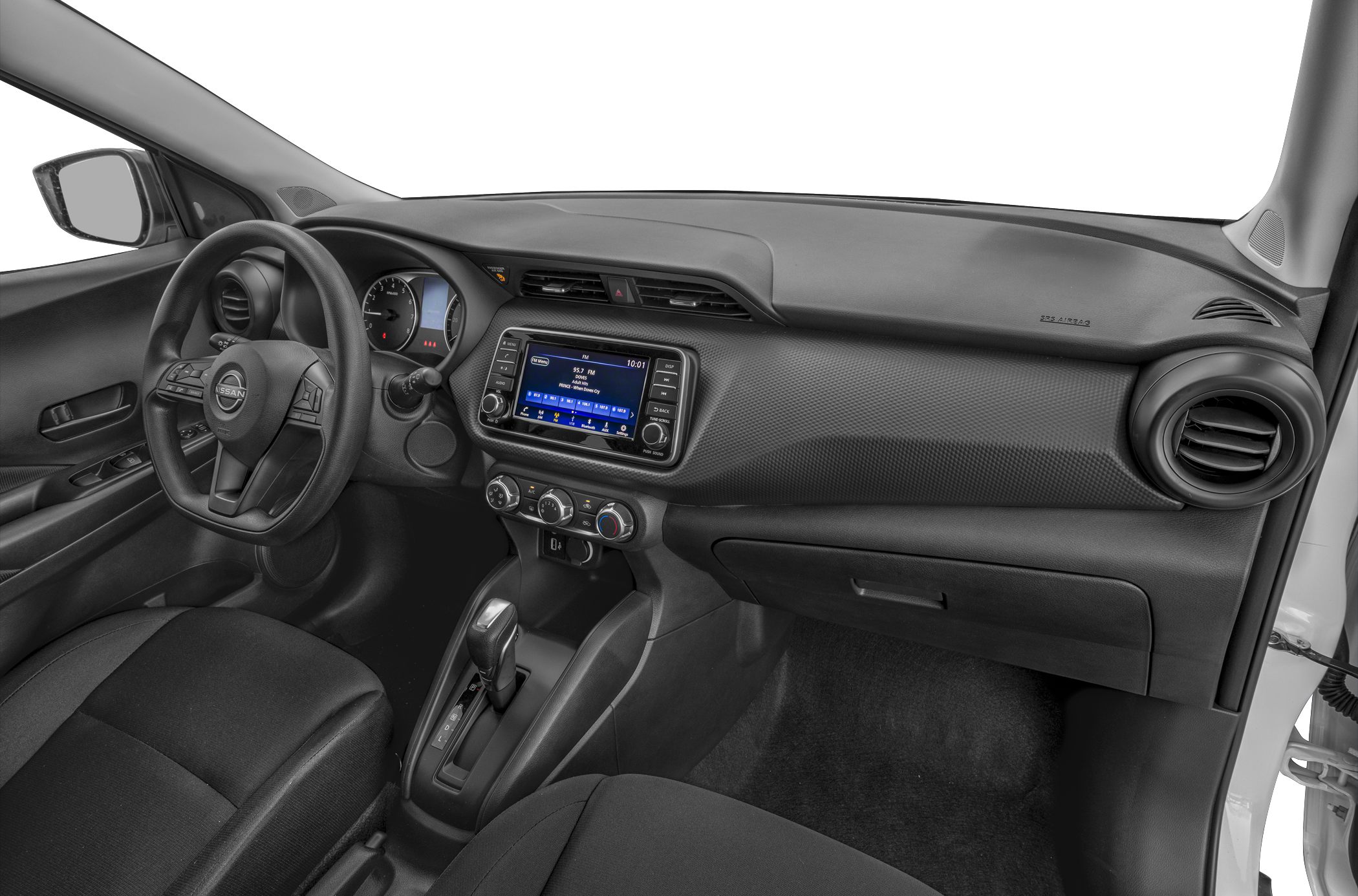 Dashboard layout with steering wheel and center console controls
