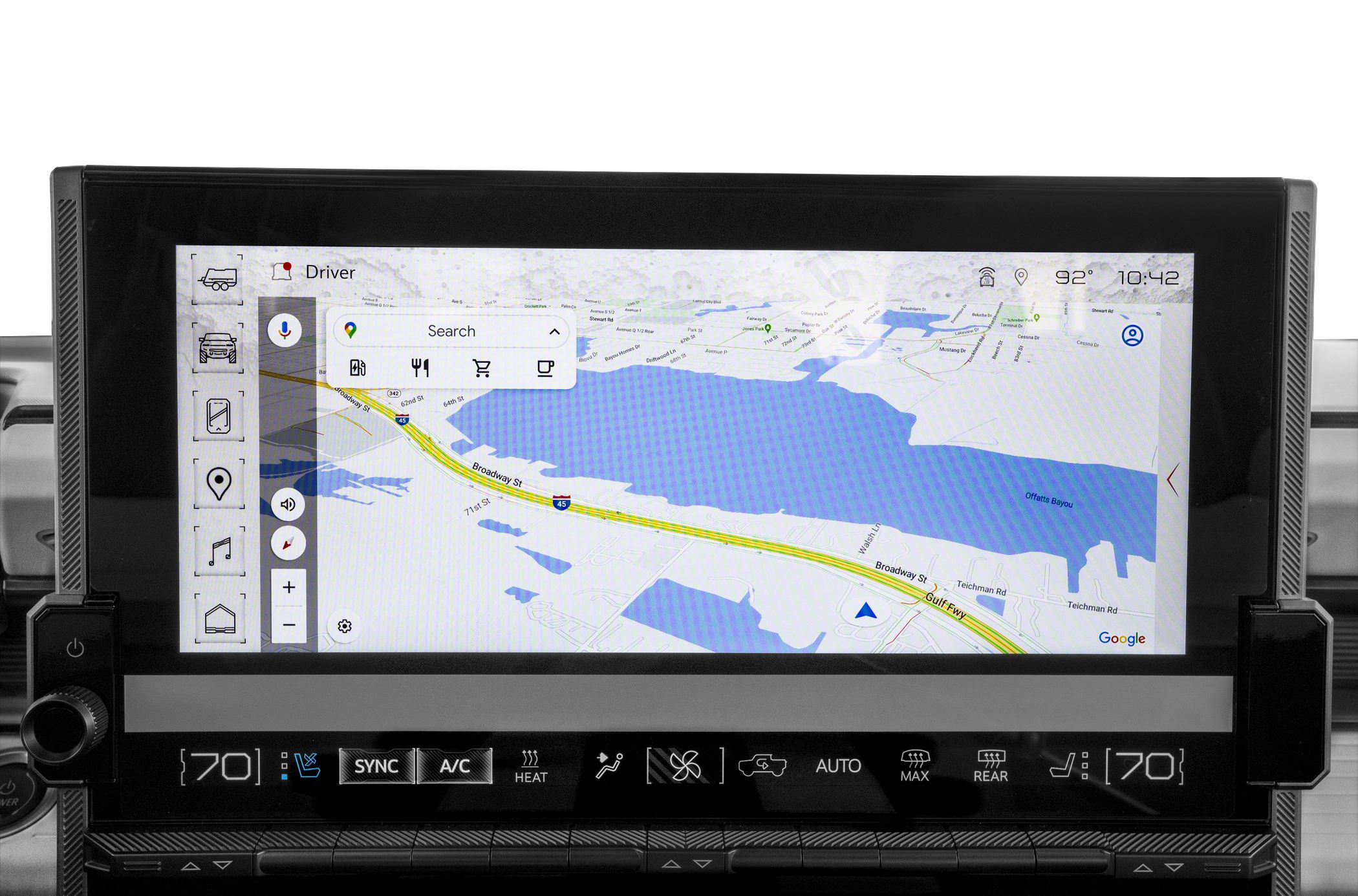 Wide touchscreen display with navigation and climate control settings