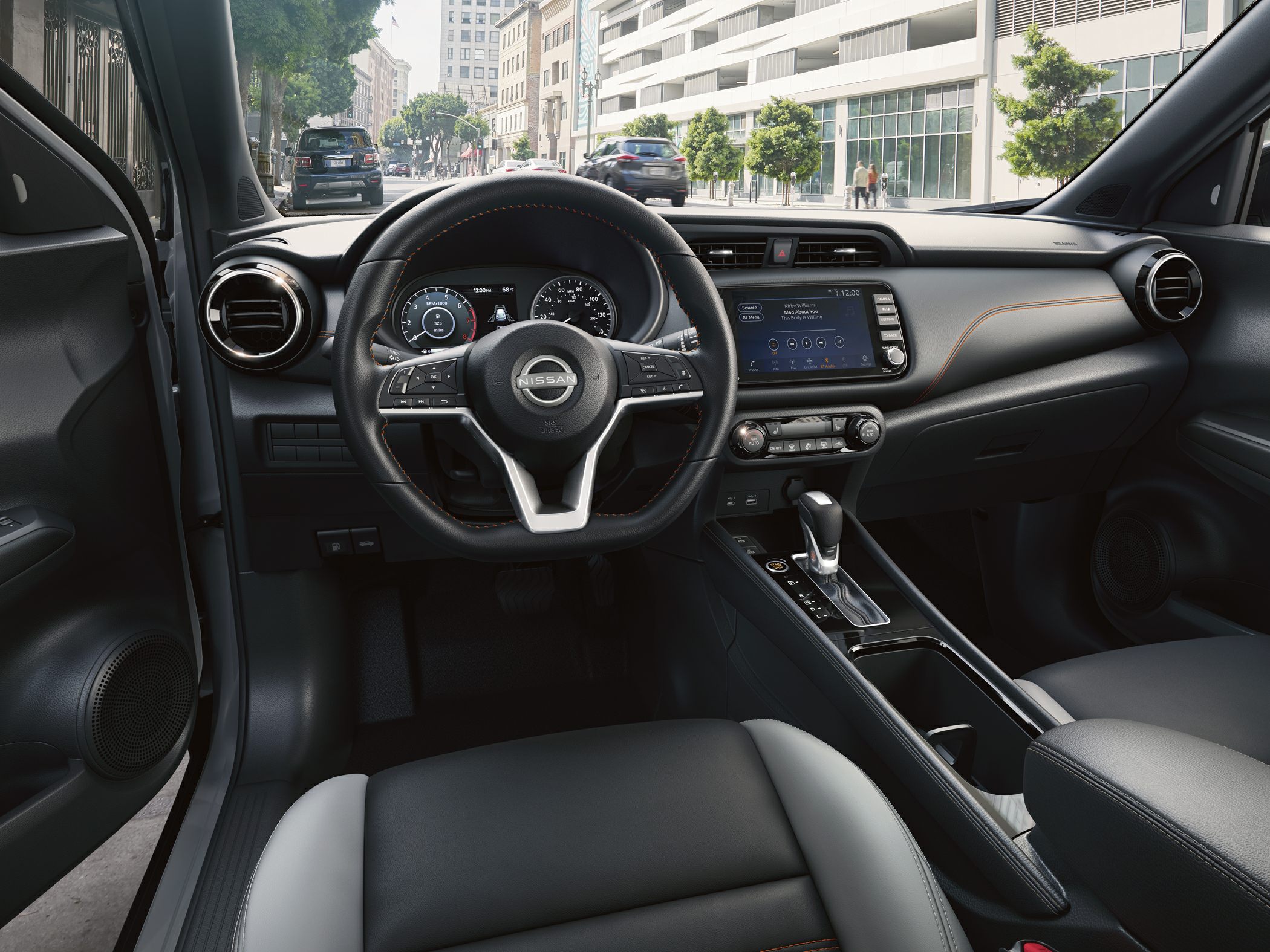Dashboard and steering wheel with infotainment screen and automatic gear shift
