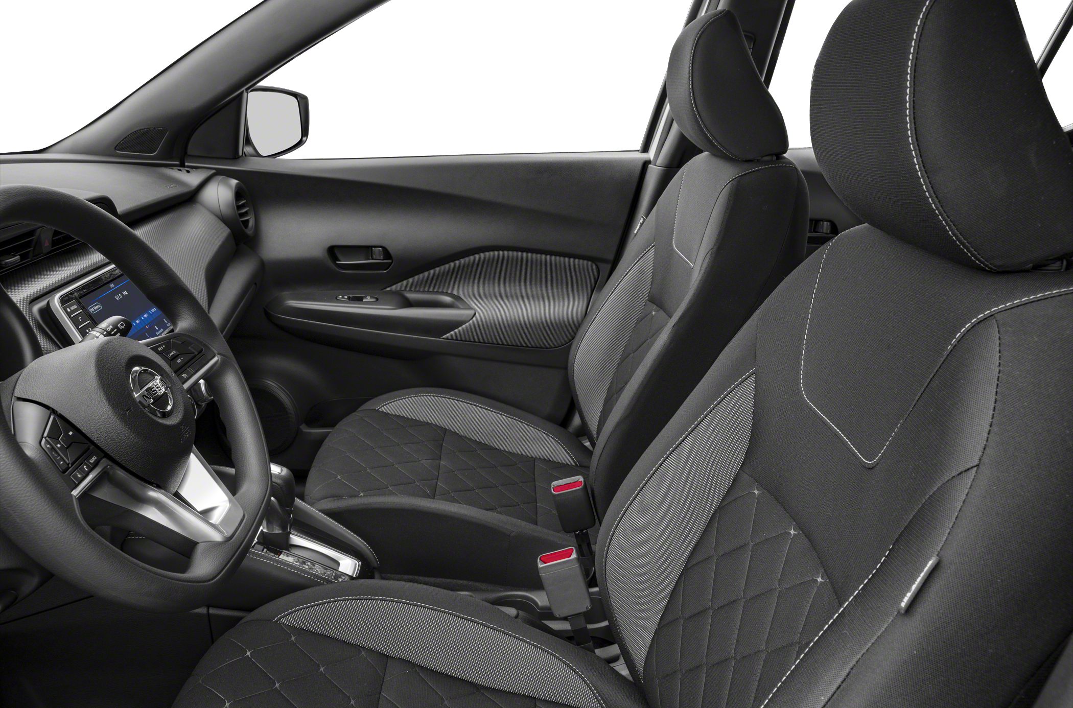Front seats and dashboard with fabric upholstery and steering wheel controls