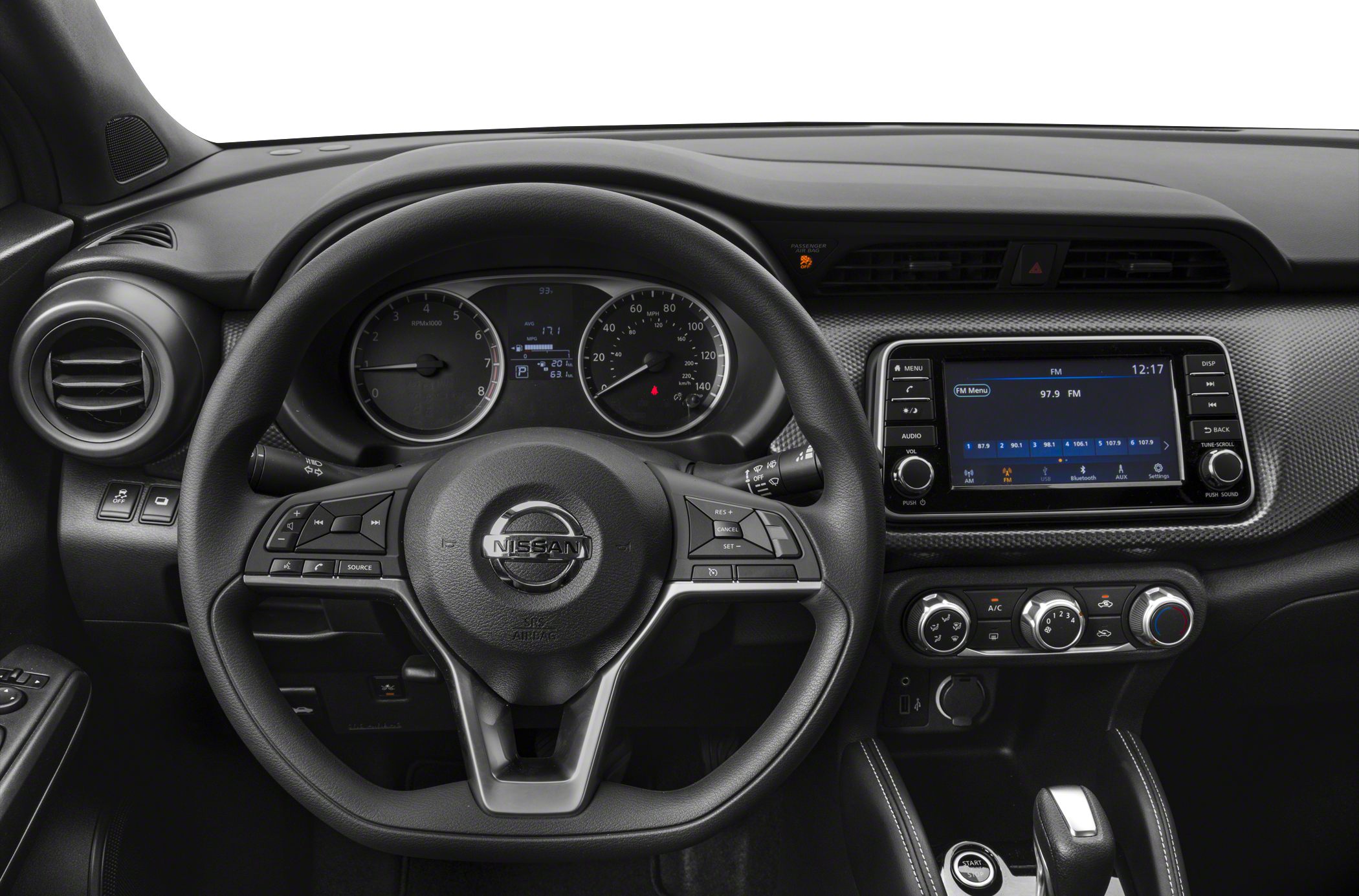 Steering wheel, dashboard with gauges and infotainment system