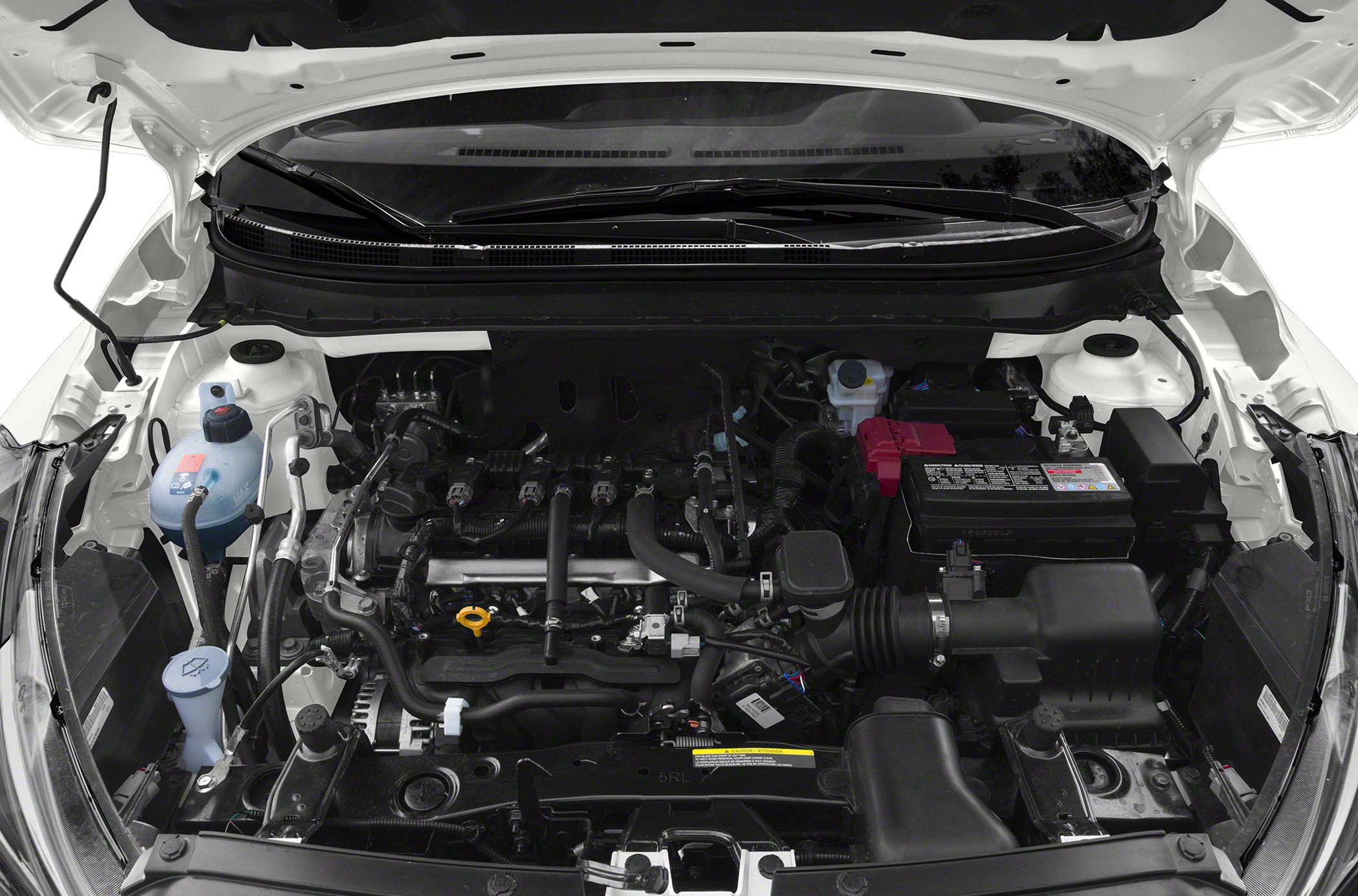 Open engine bay showing engine and components under hood