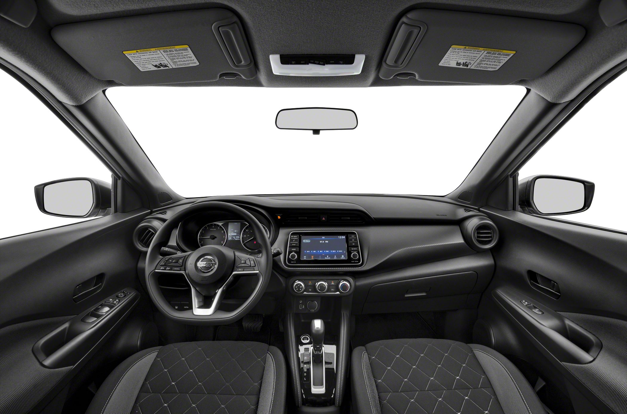 Dashboard, steering wheel, infotainment screen, and car seats view