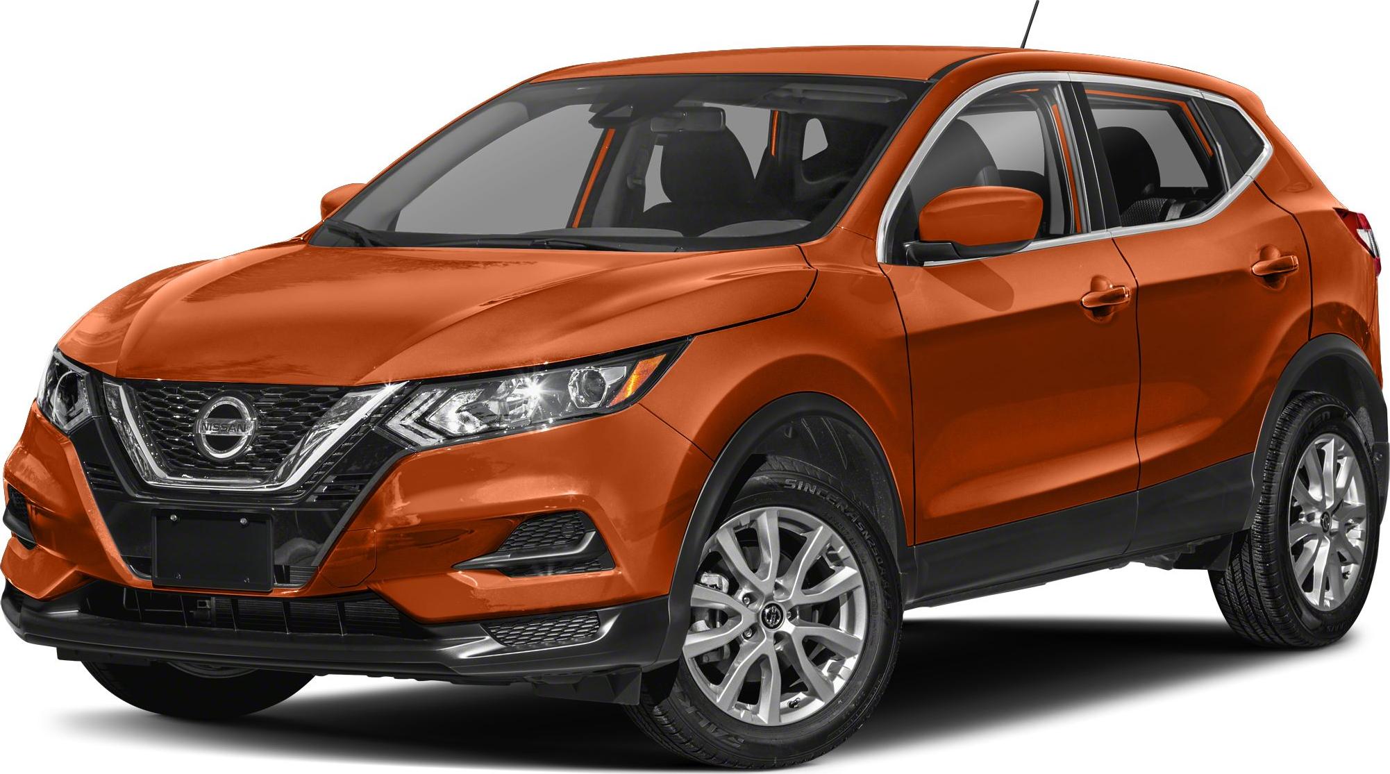 Front and side profile of an orange compact SUV with modern headlights and wheels