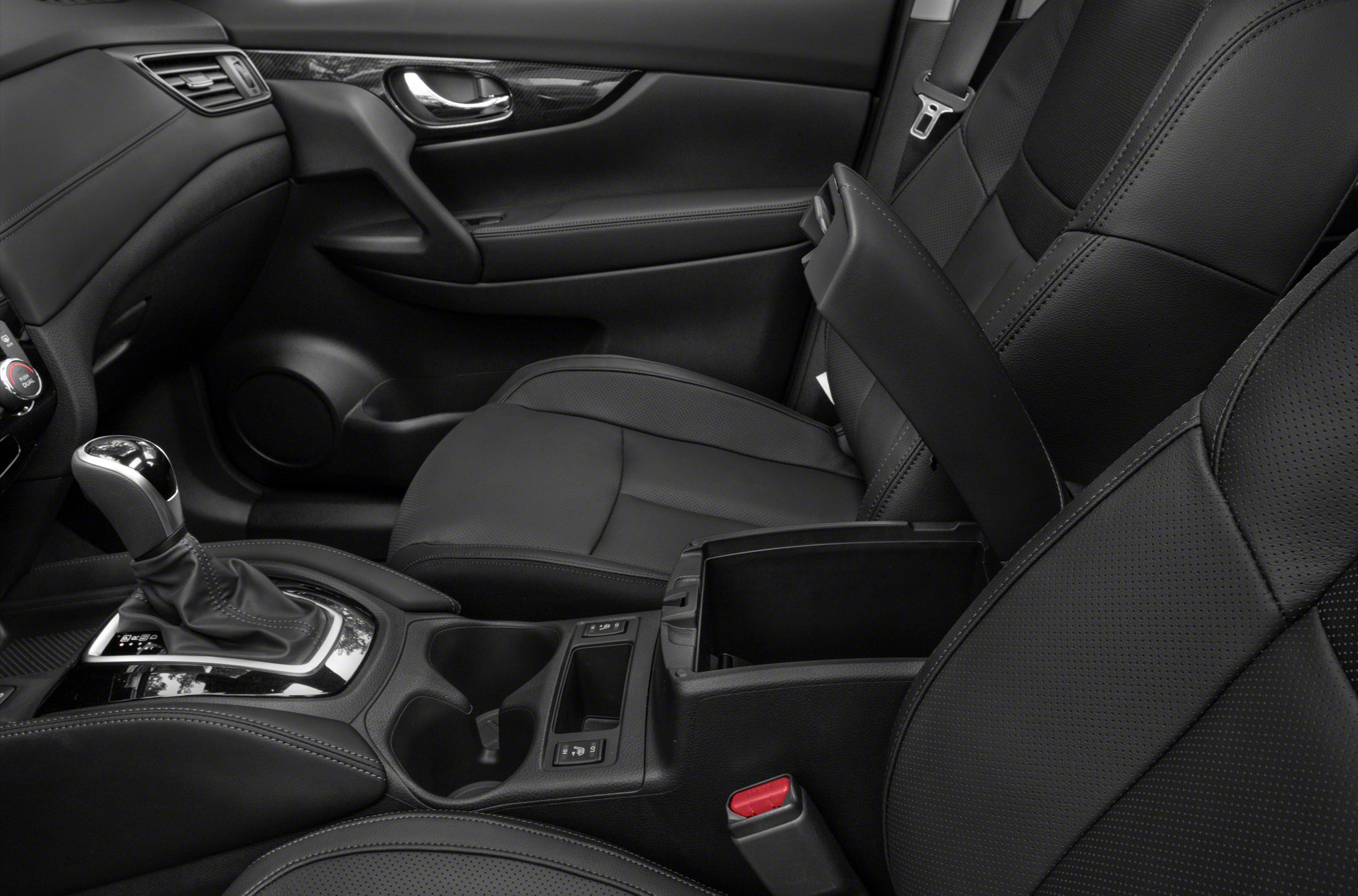 Black leather seats with center console storage and heated seat controls