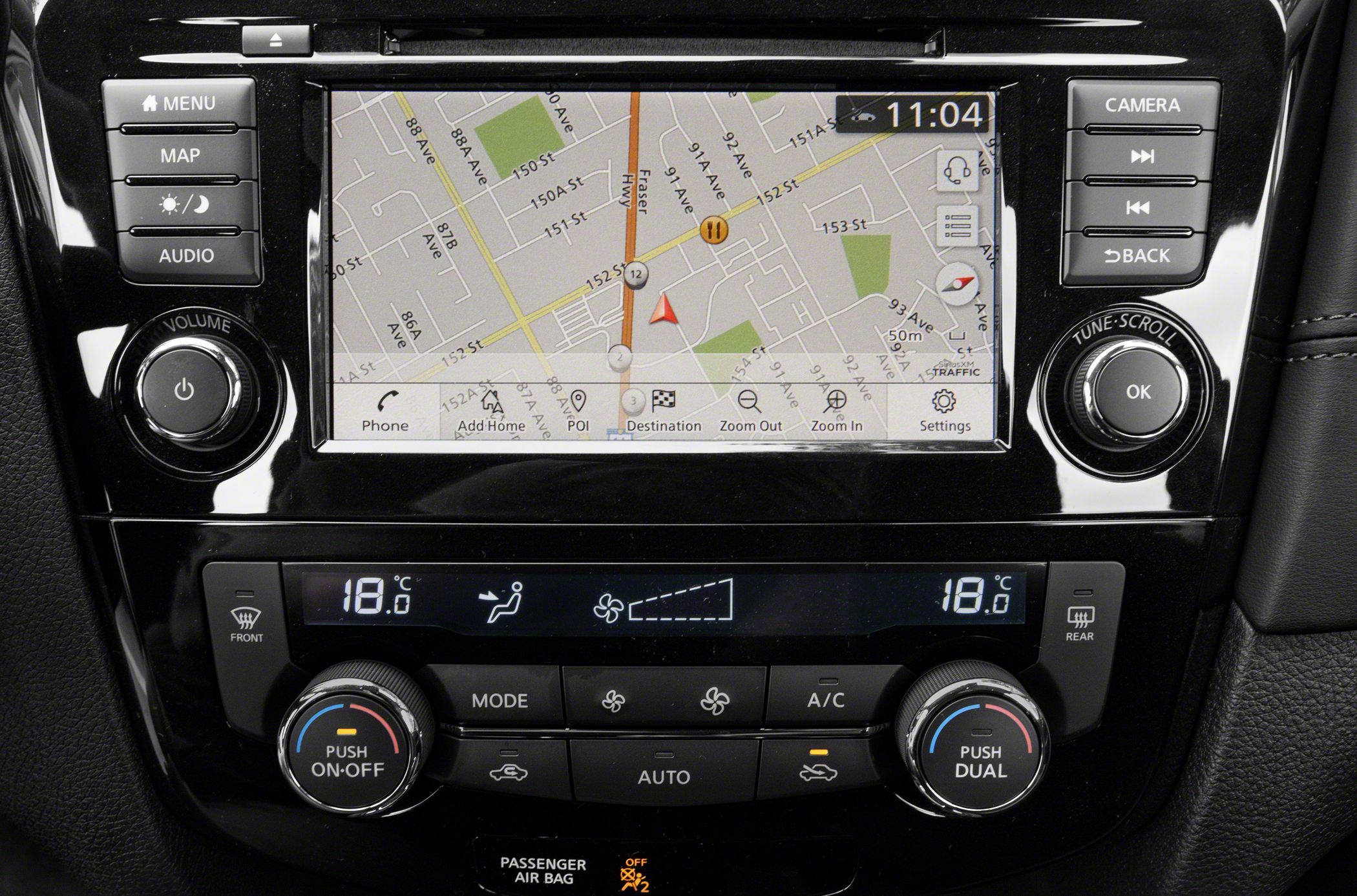 Navigation touchscreen with map and dual-zone climate control system