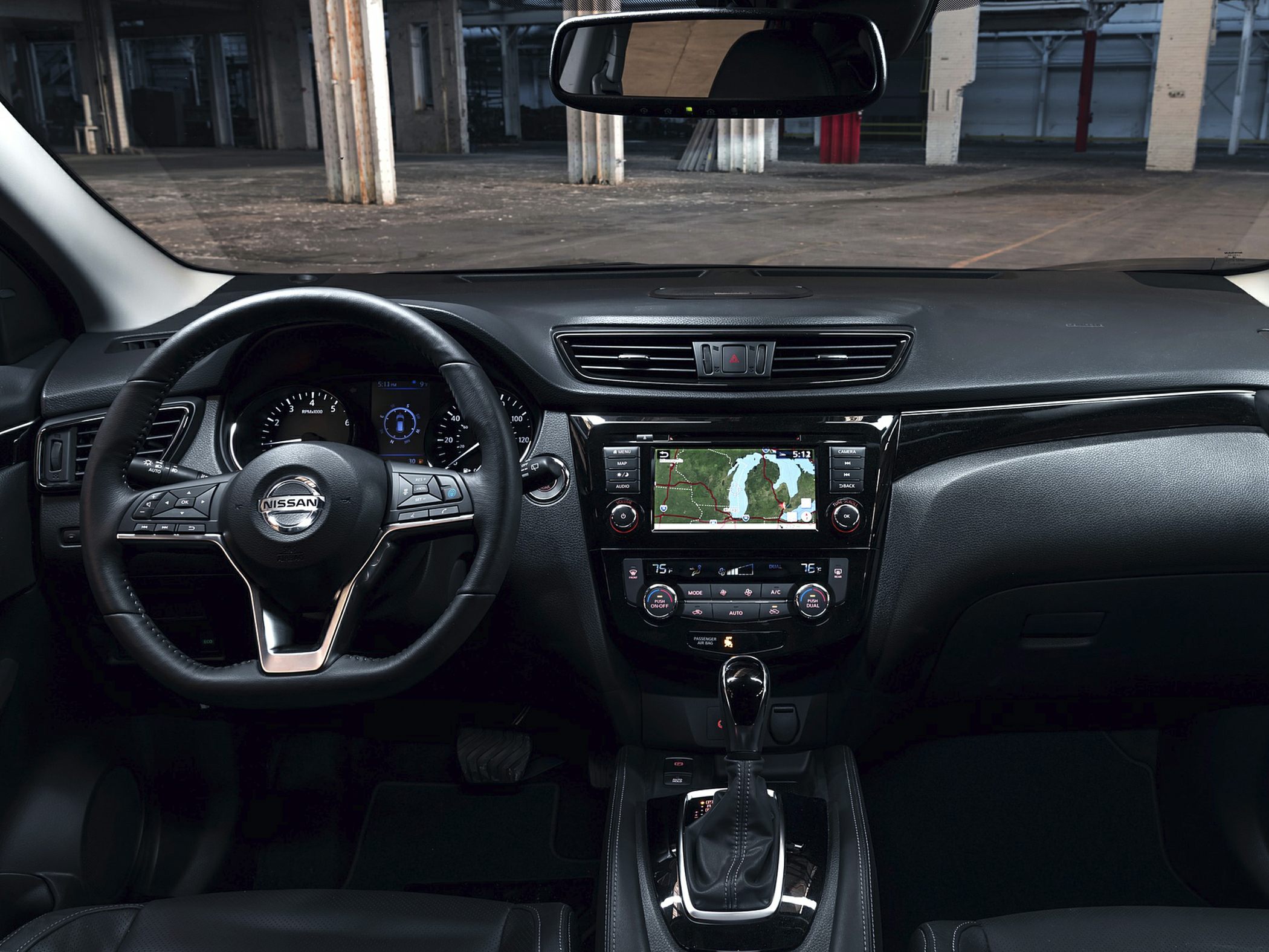 Dashboard, steering wheel, touchscreen navigation, climate controls