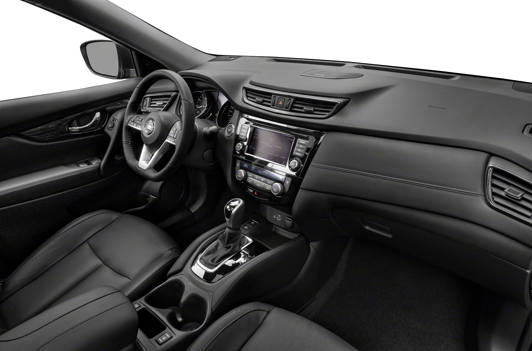 Modern car interior with touchscreen dashboard and leather seats