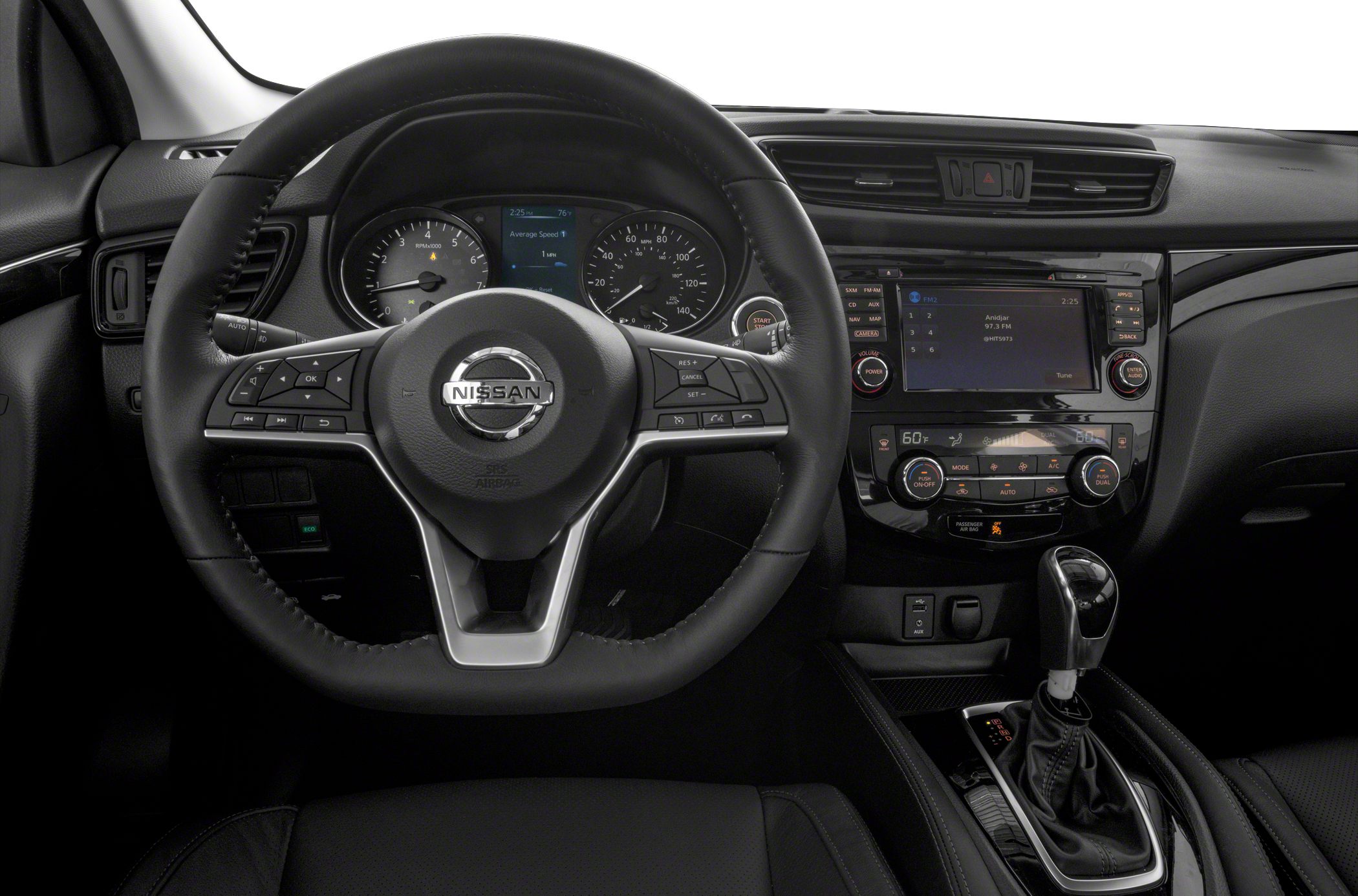Steering wheel, dashboard, infotainment system, and gear shift layout