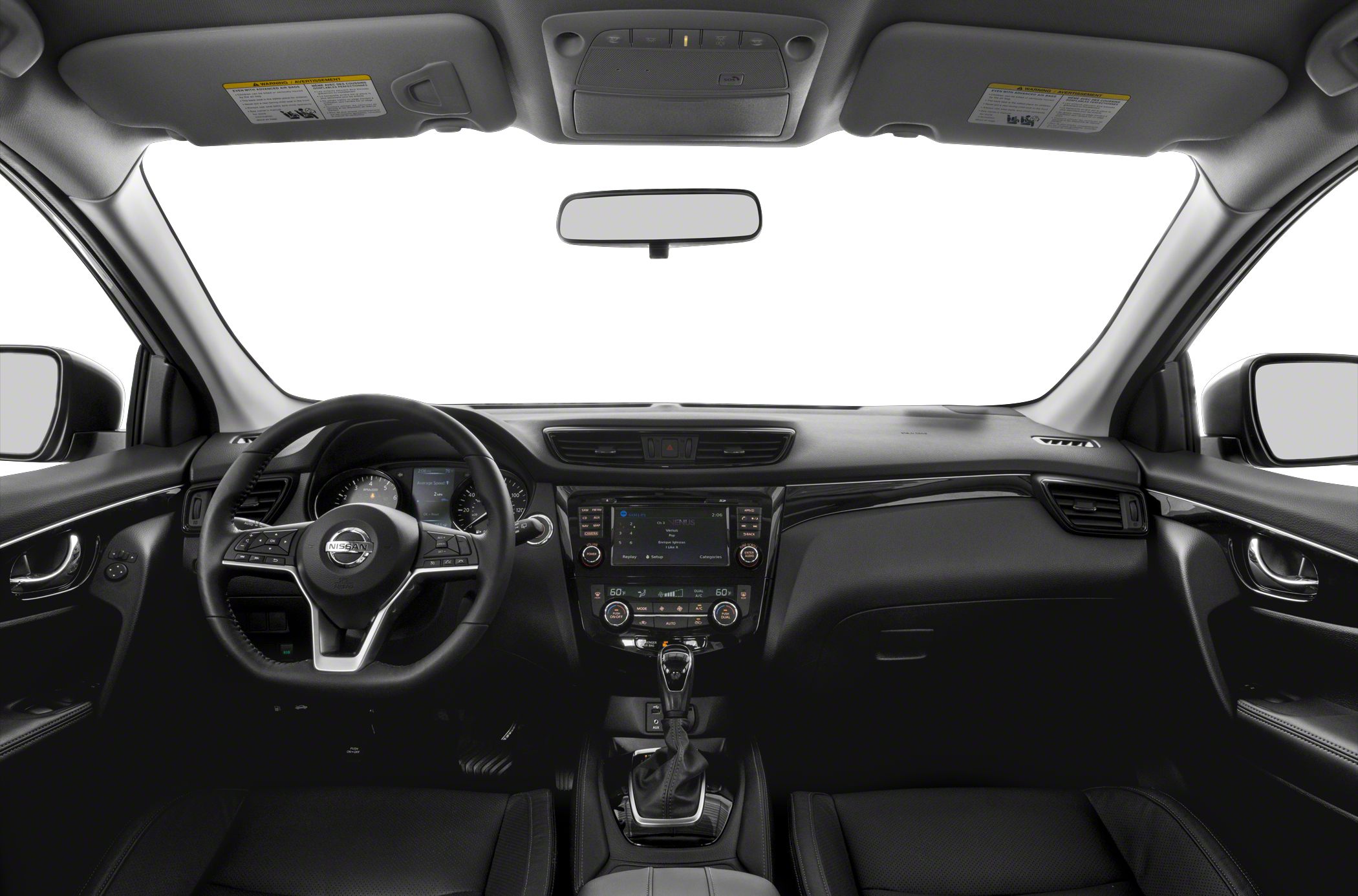 Car interior with dashboard, steering wheel, and center console