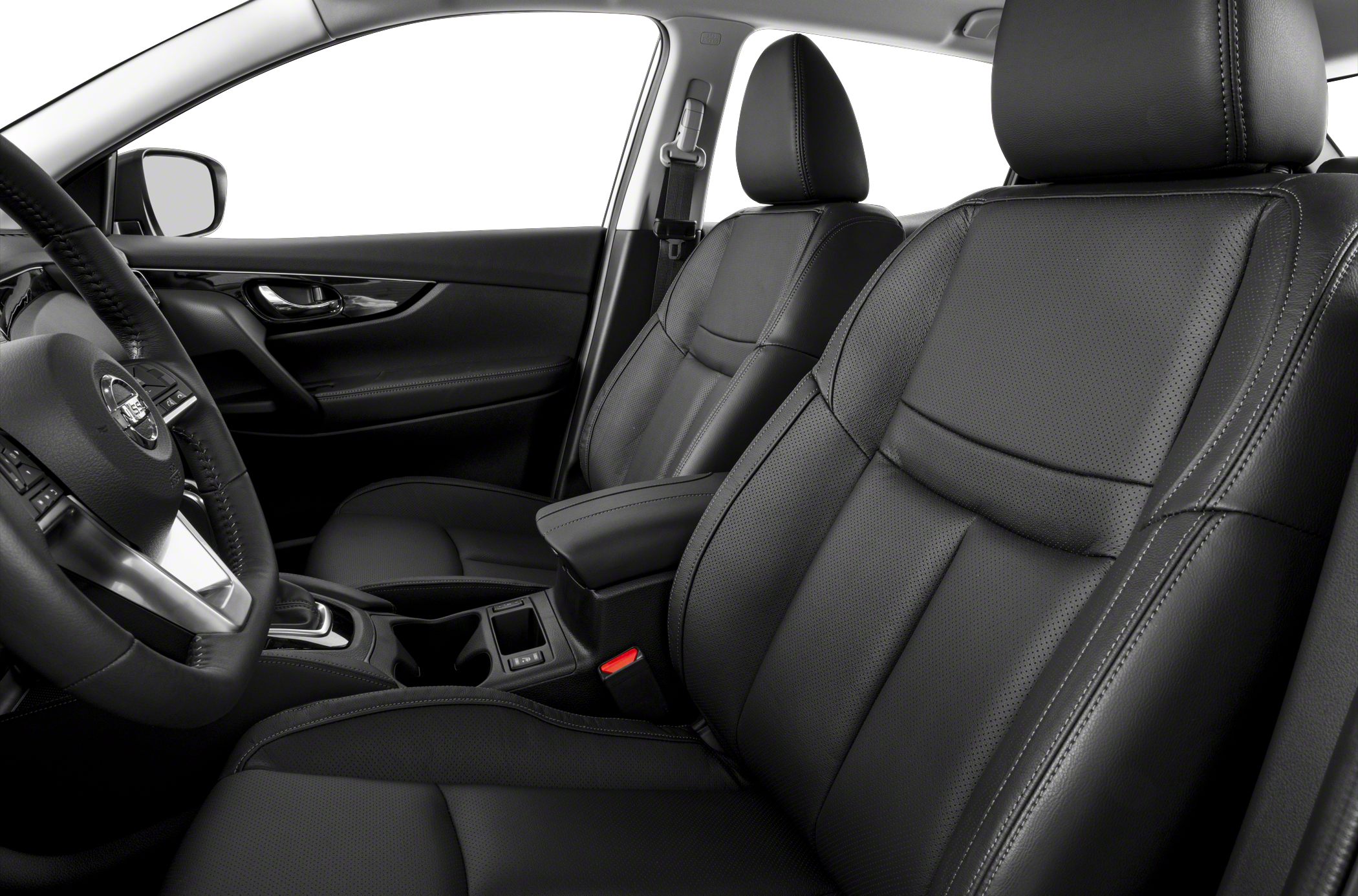 Black perforated leather front seats with ergonomic design and center console.