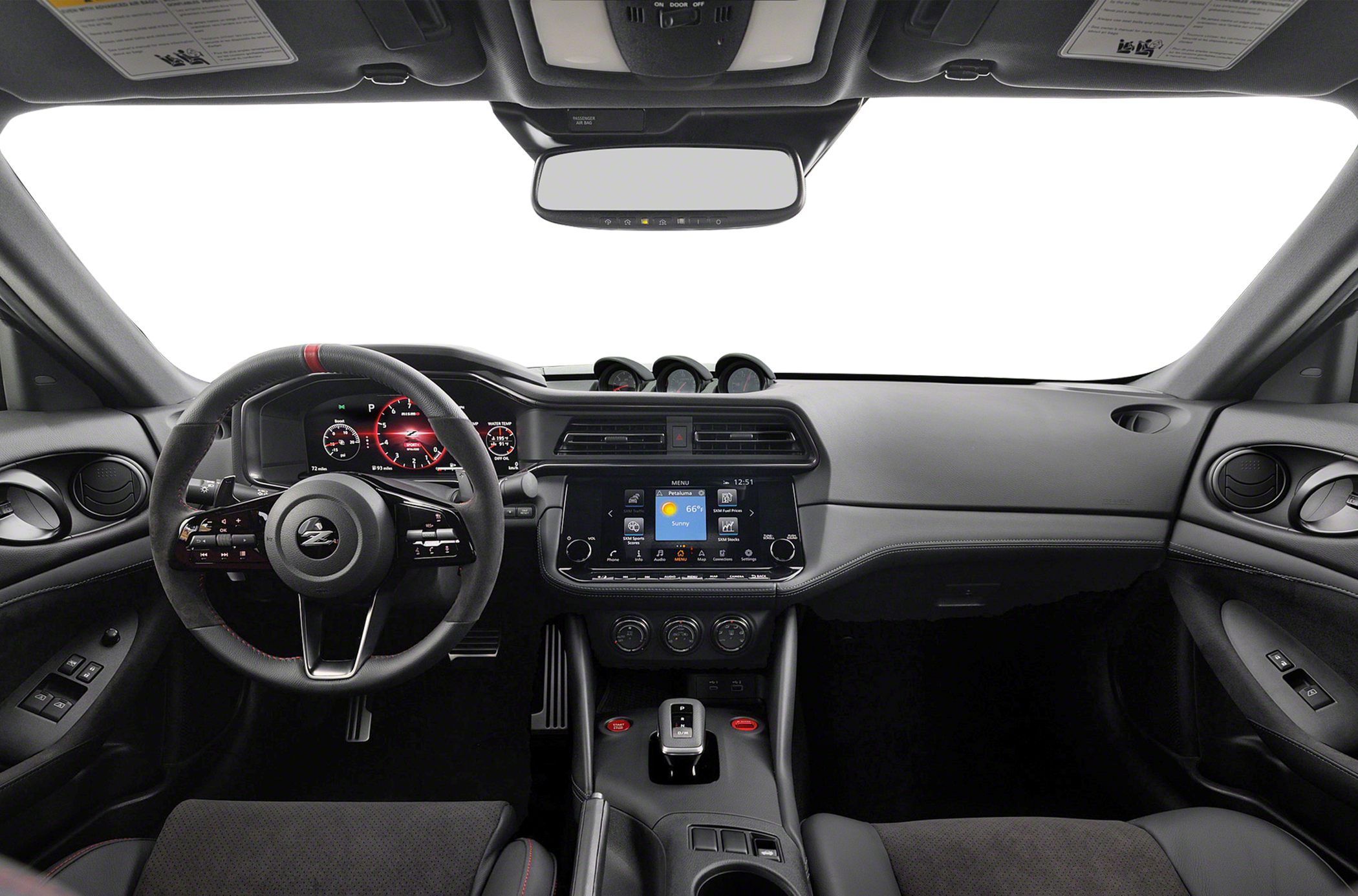 Modern car interior with multifunction steering wheel and dashboard displays