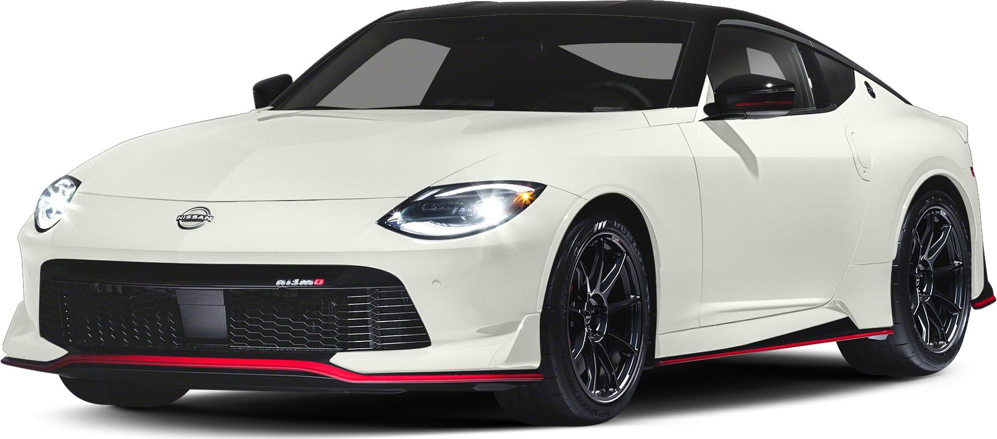 Front and side view of sporty coupe with black wheels and red trim