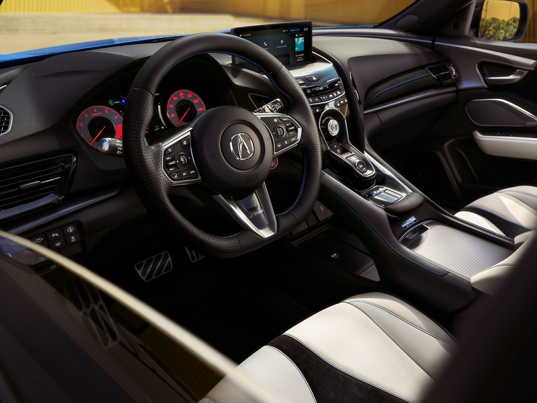 Luxury car interior with multifunction steering wheel and modern dashboard