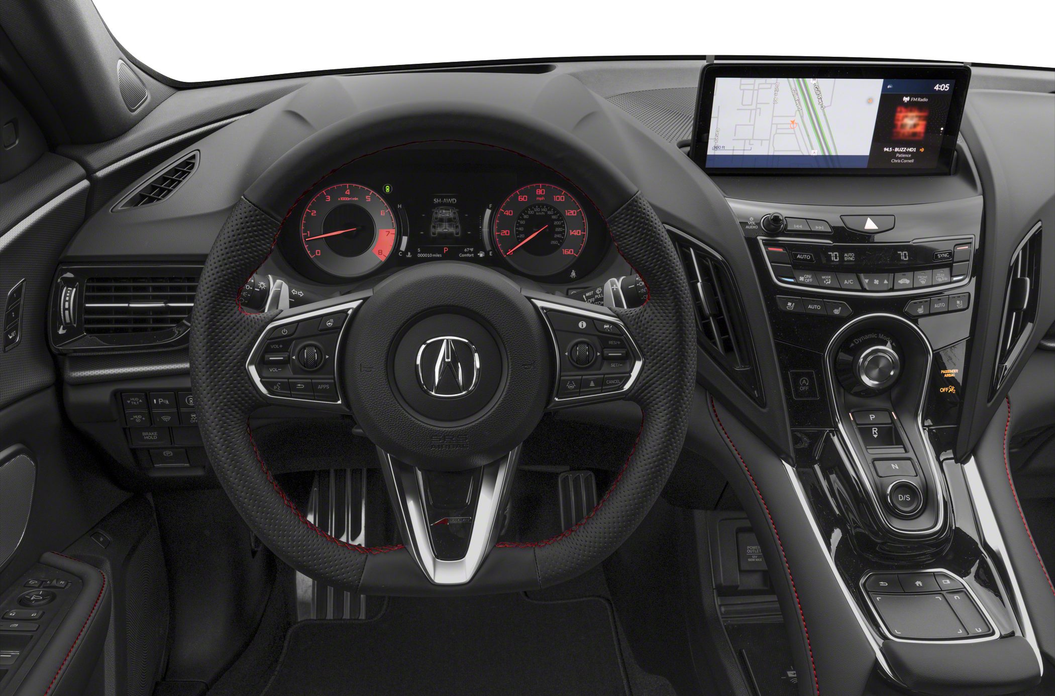 Sporty steering wheel and advanced center console with digital display