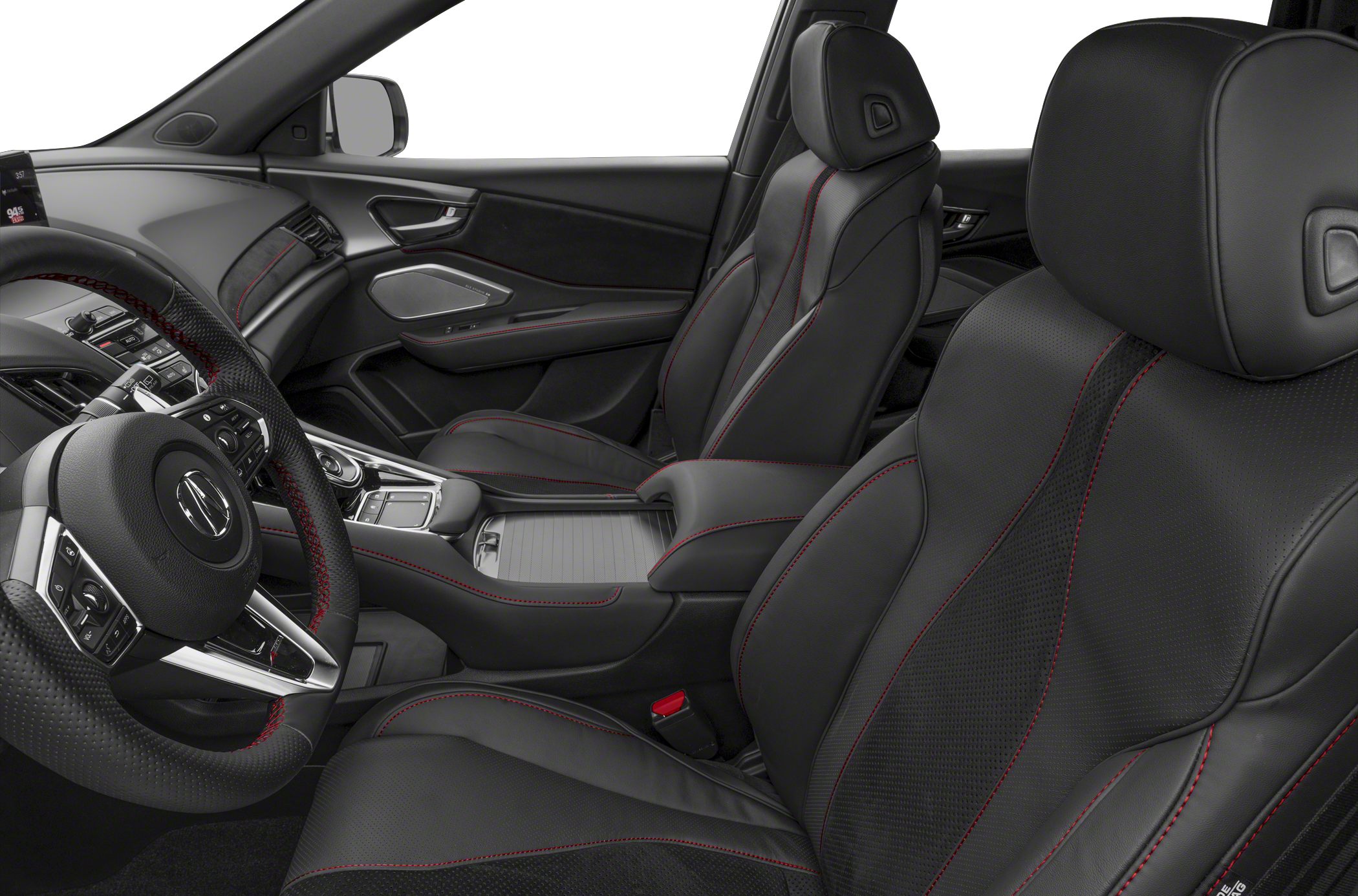 Black leather sport seats with red stitching, advanced cockpit interior.