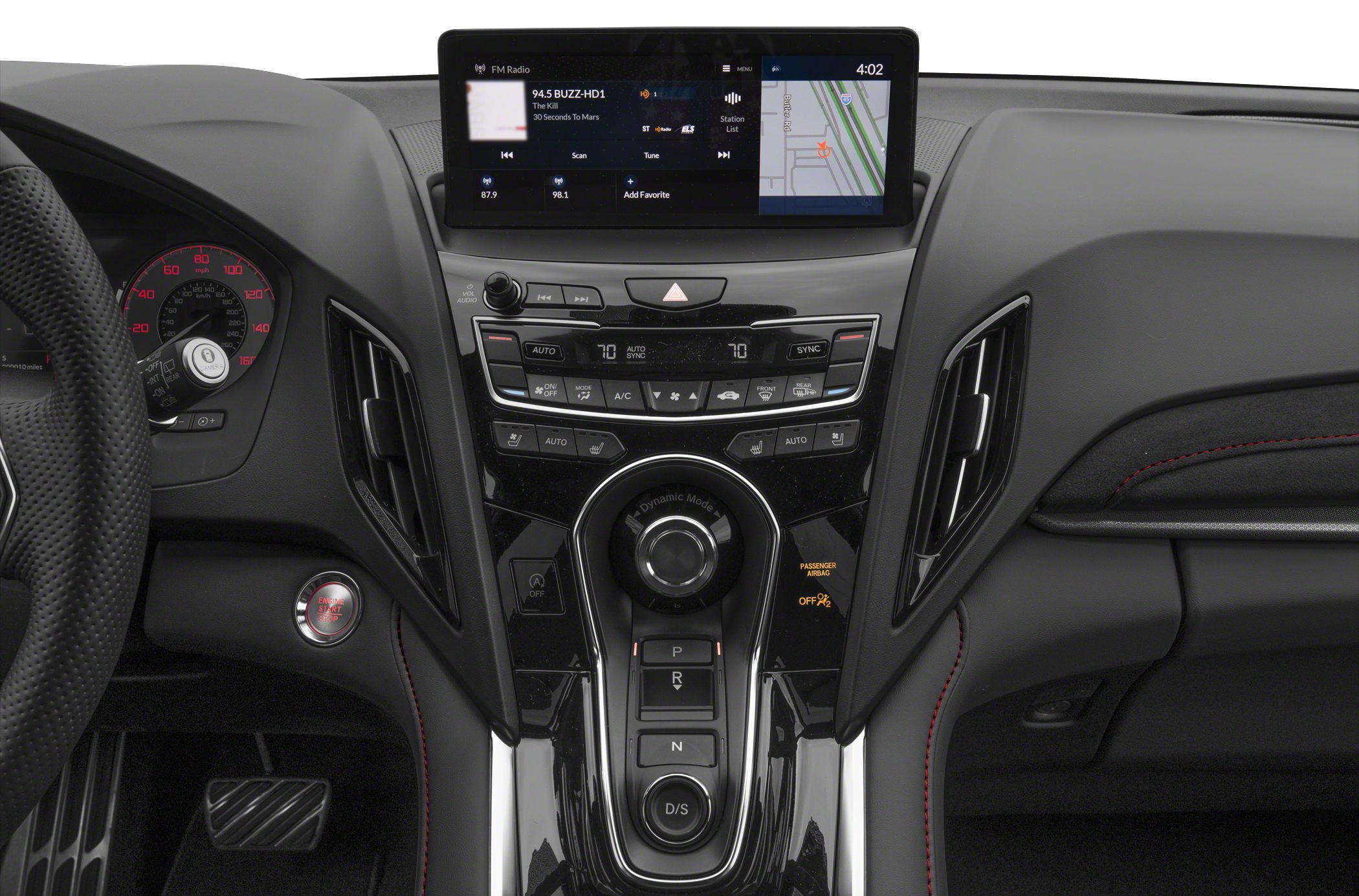 Center console with infotainment screen and dynamic mode knob