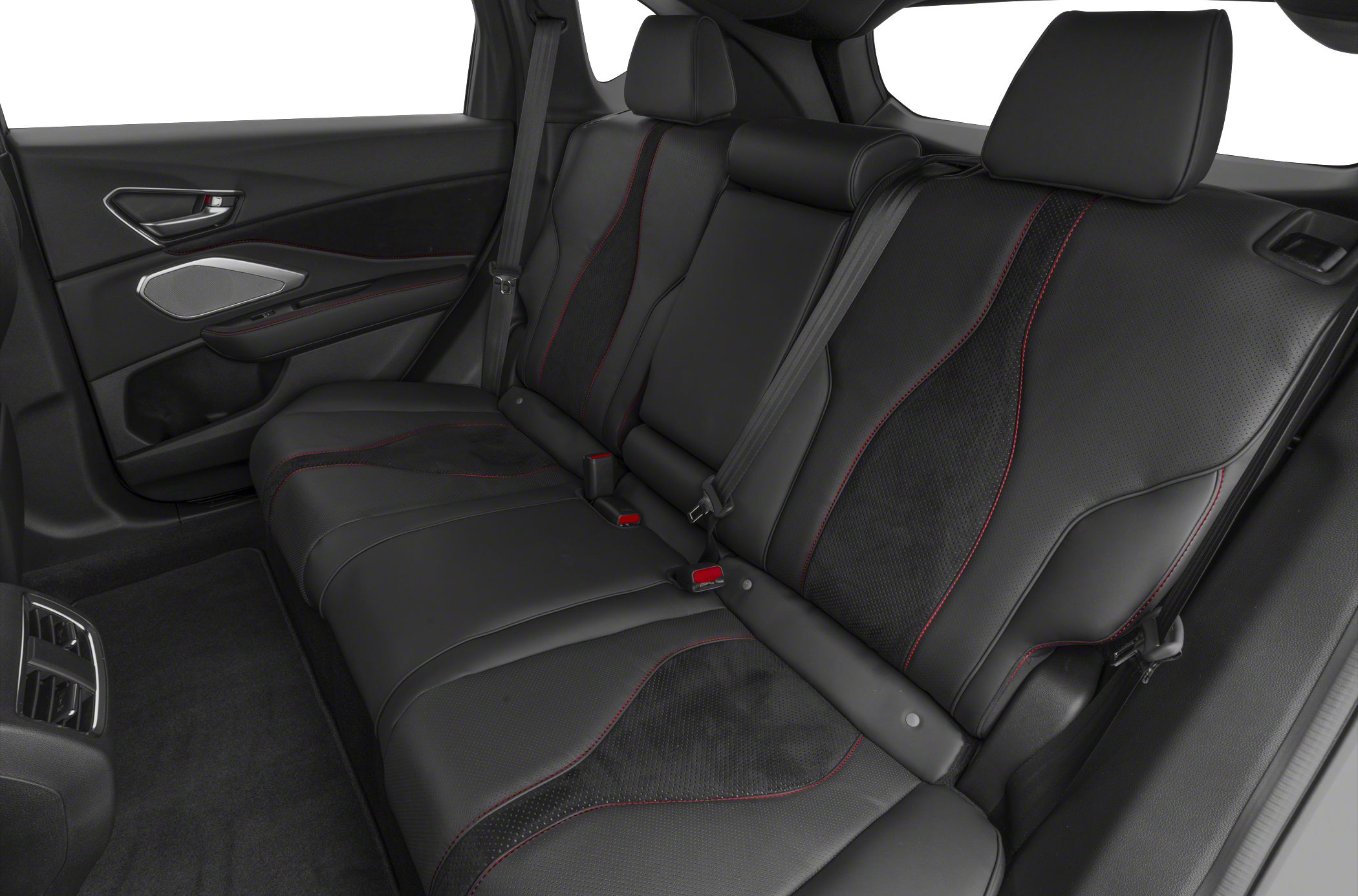Black leather rear seats with red stitching and modern door panel