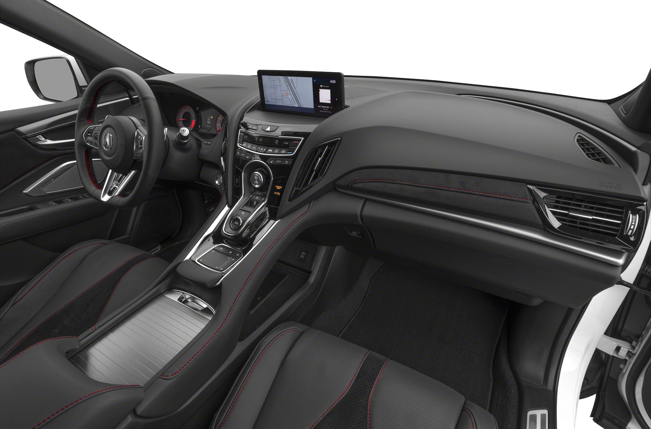 Luxury black leather interior with red stitching, digital infotainment screen, and sleek dashboard design.