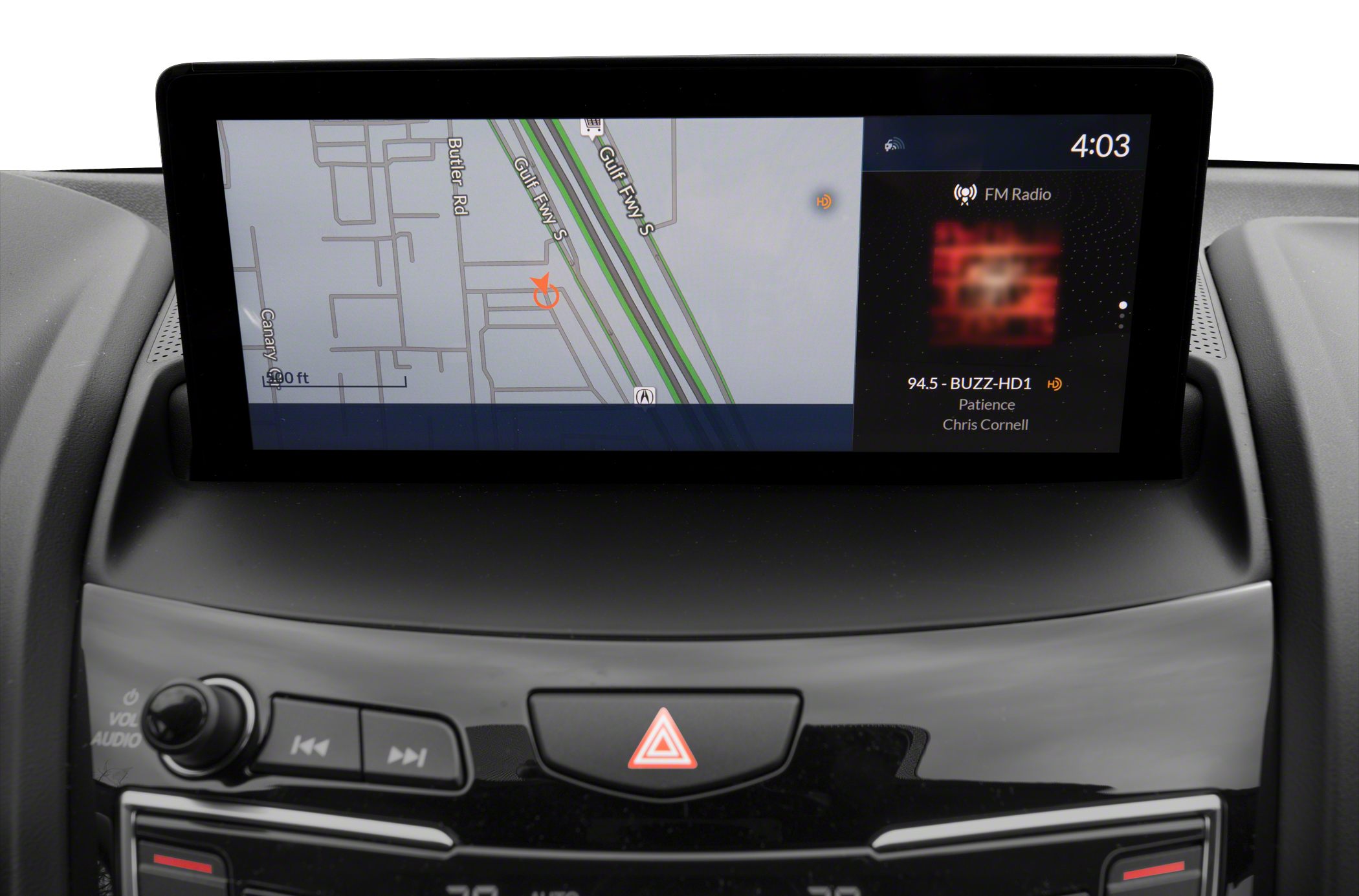 Digital infotainment display with navigation map and FM radio interface