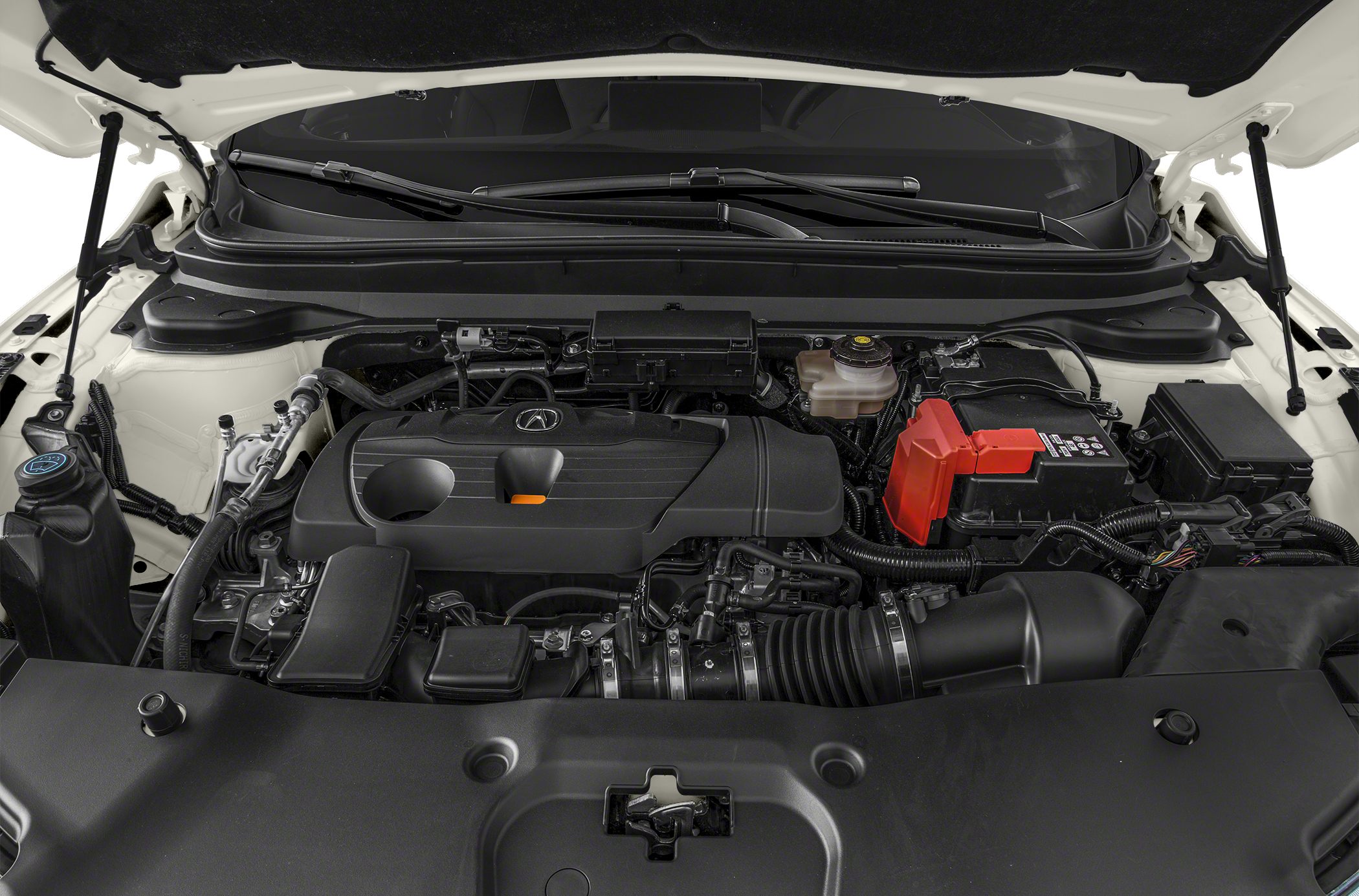 Engine bay with engine cover and battery under hood