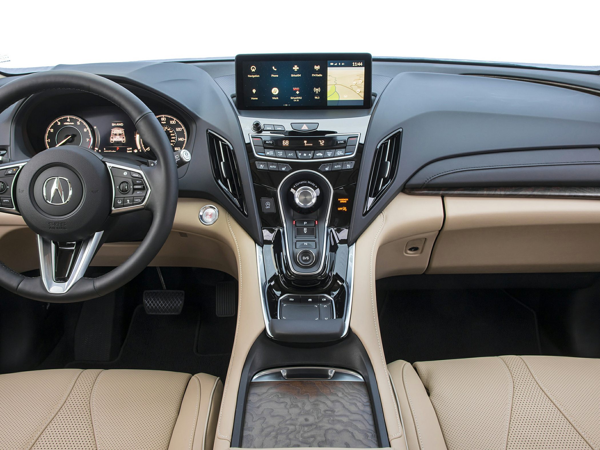 Interior dashboard with touchscreen, center console, beige leather seats
