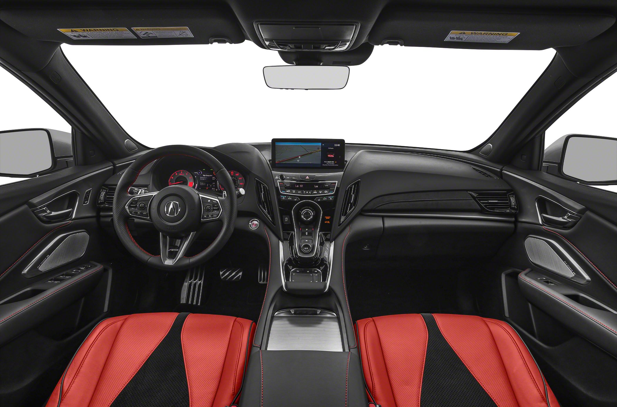 Digital dashboard, touchscreen display, center console, red leather seats