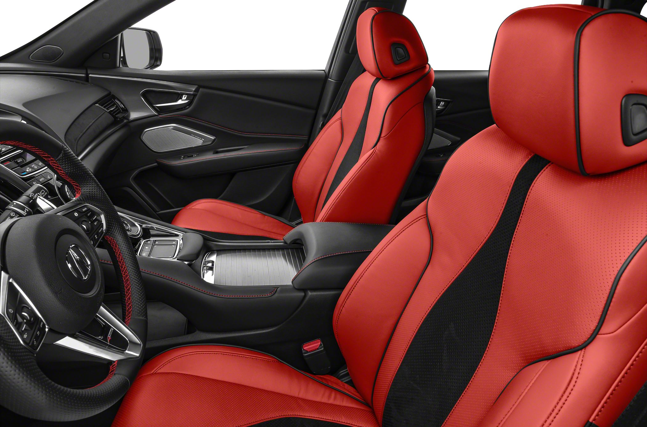 Red and black luxury front seats with detailed interior design