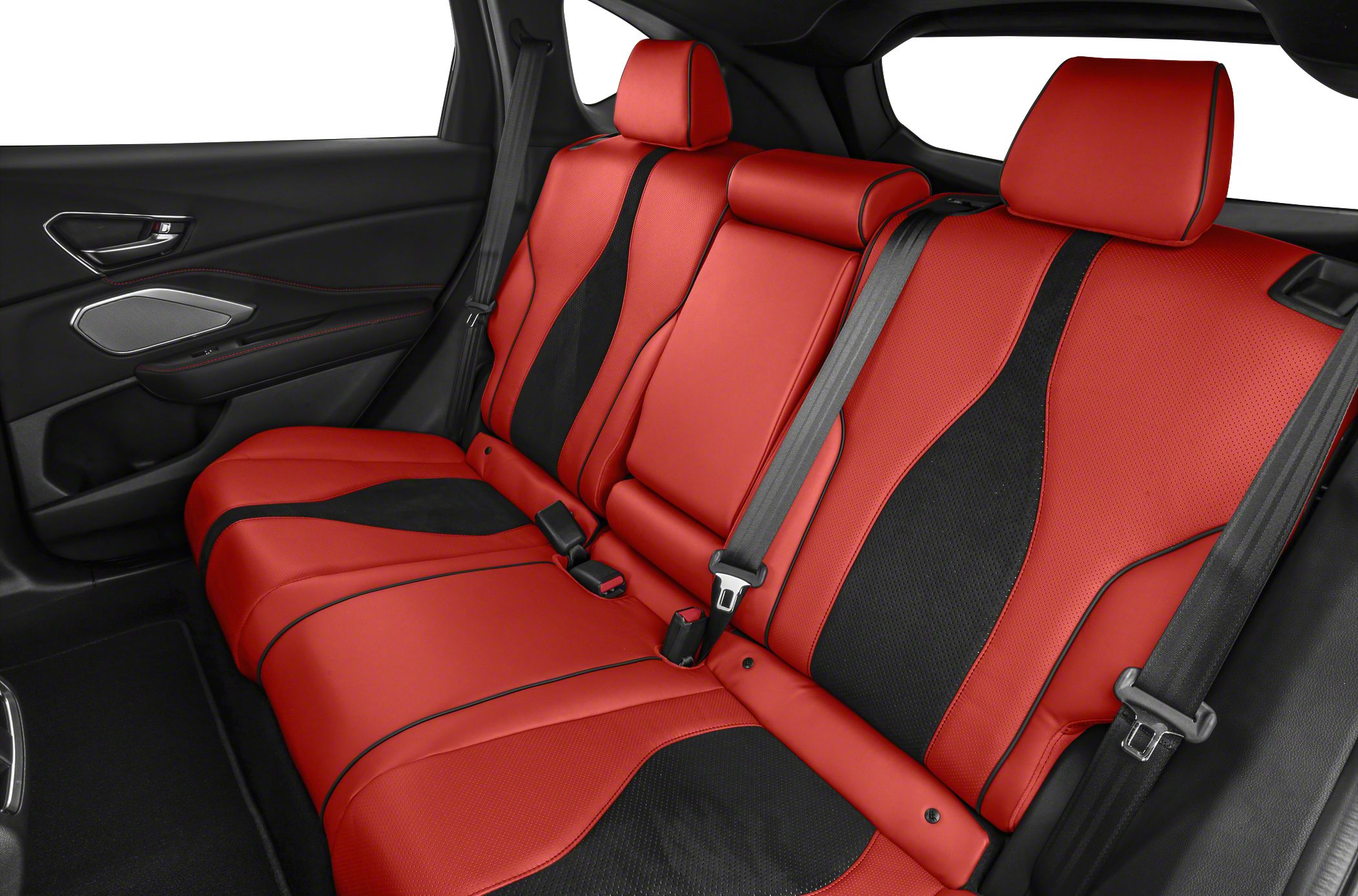 Sporty red and black two-tone rear perforated leather seats with seat belts