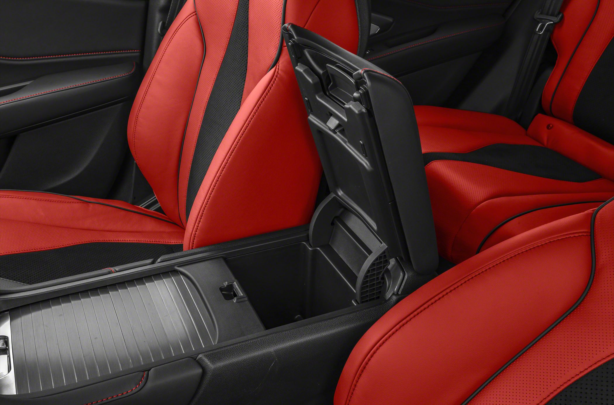 Center console storage compartment and red leather seats