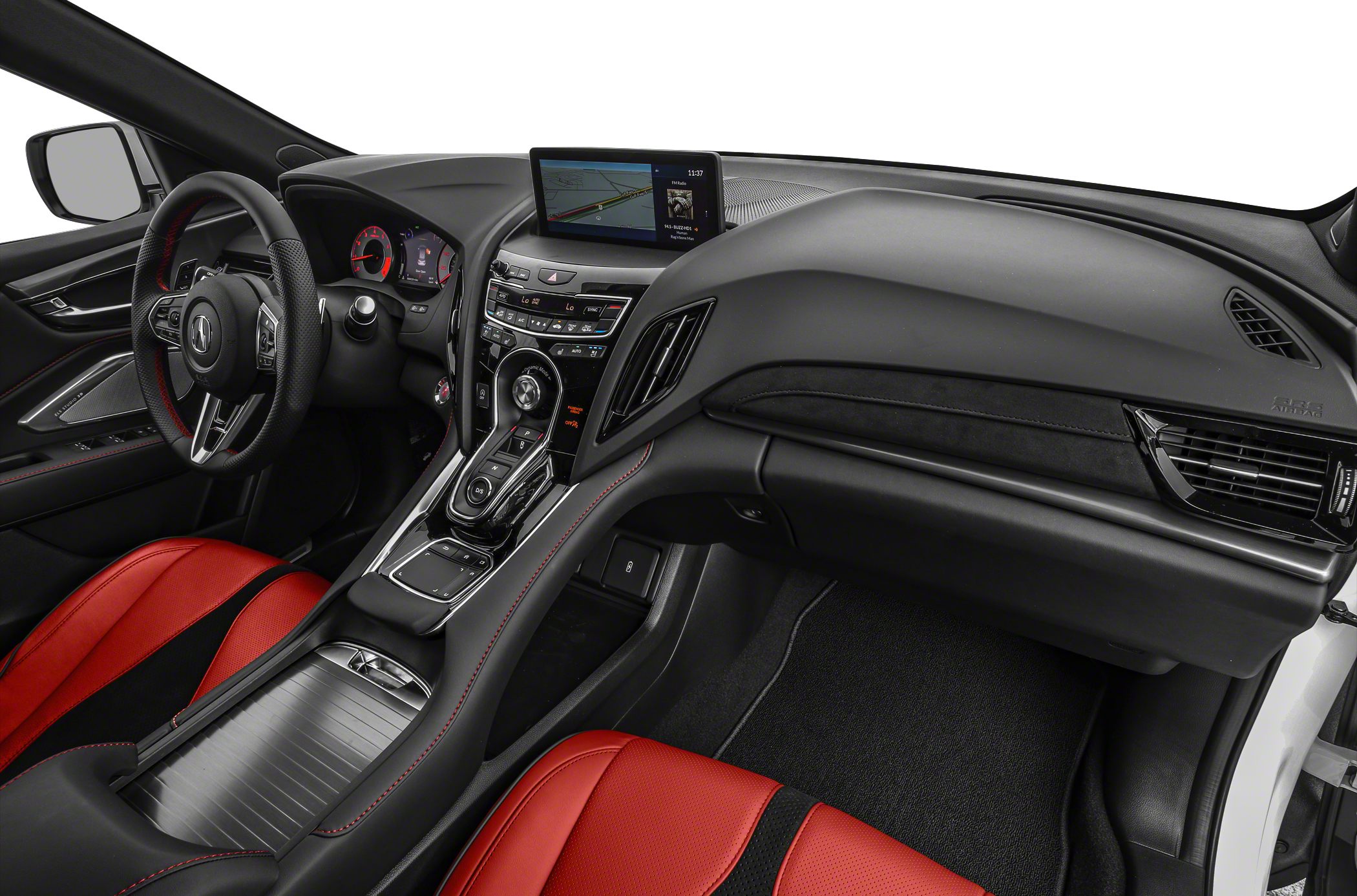 Dashboard and red leather seats with infotainment screen