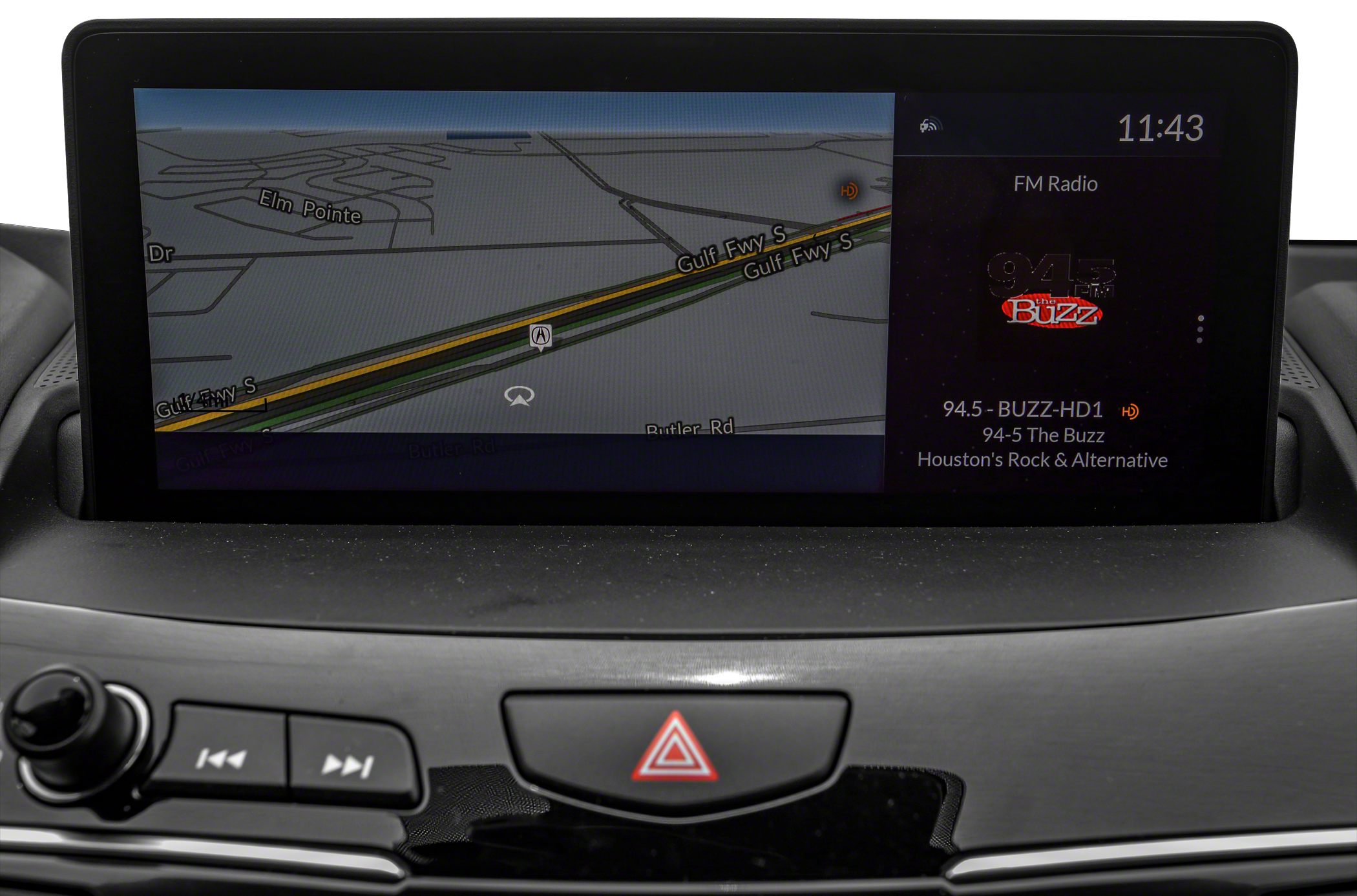 Navigation map and FM radio display on car infotainment screen