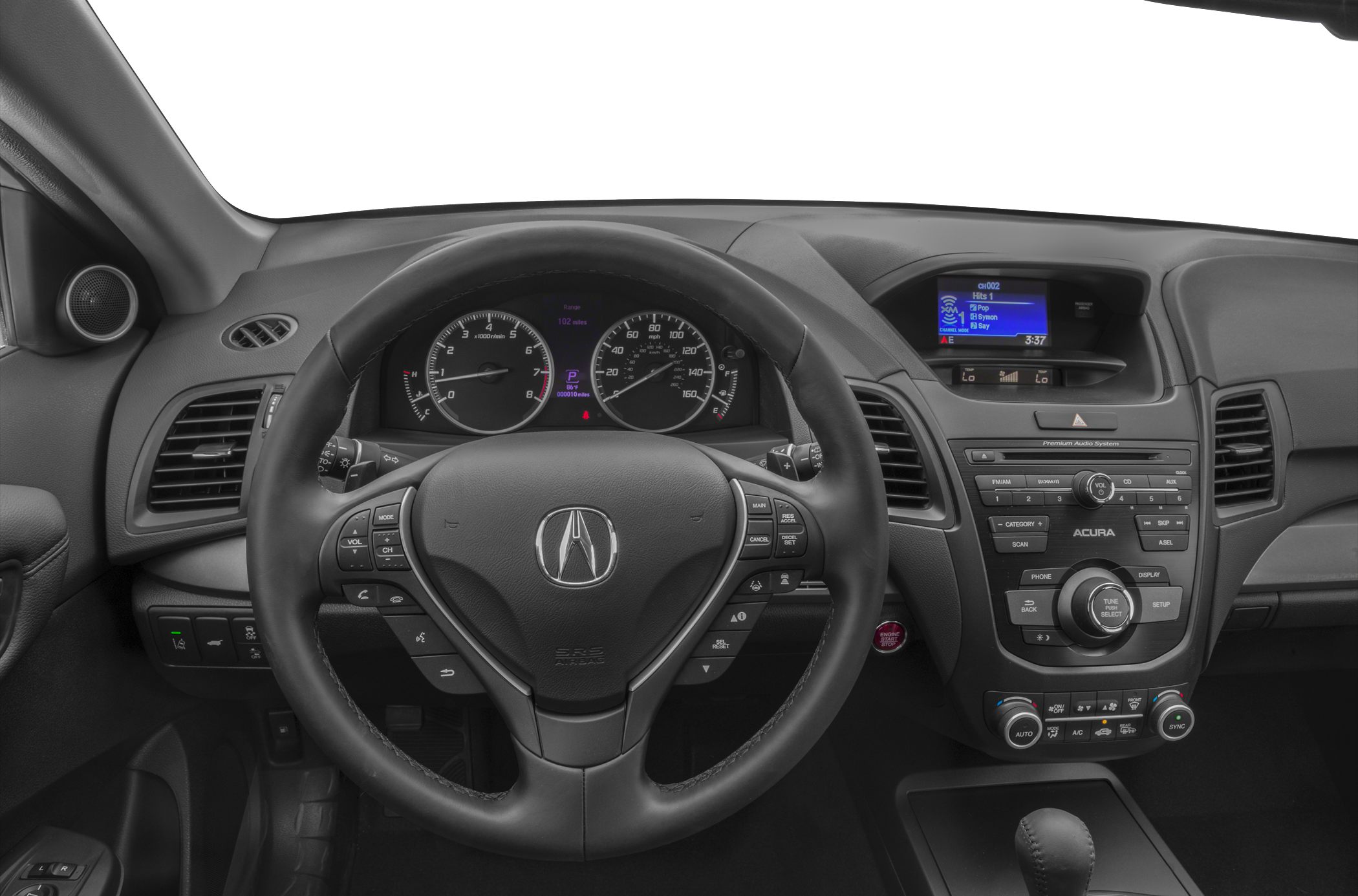 Steering wheel, instrument cluster, infotainment display, and dashboard controls