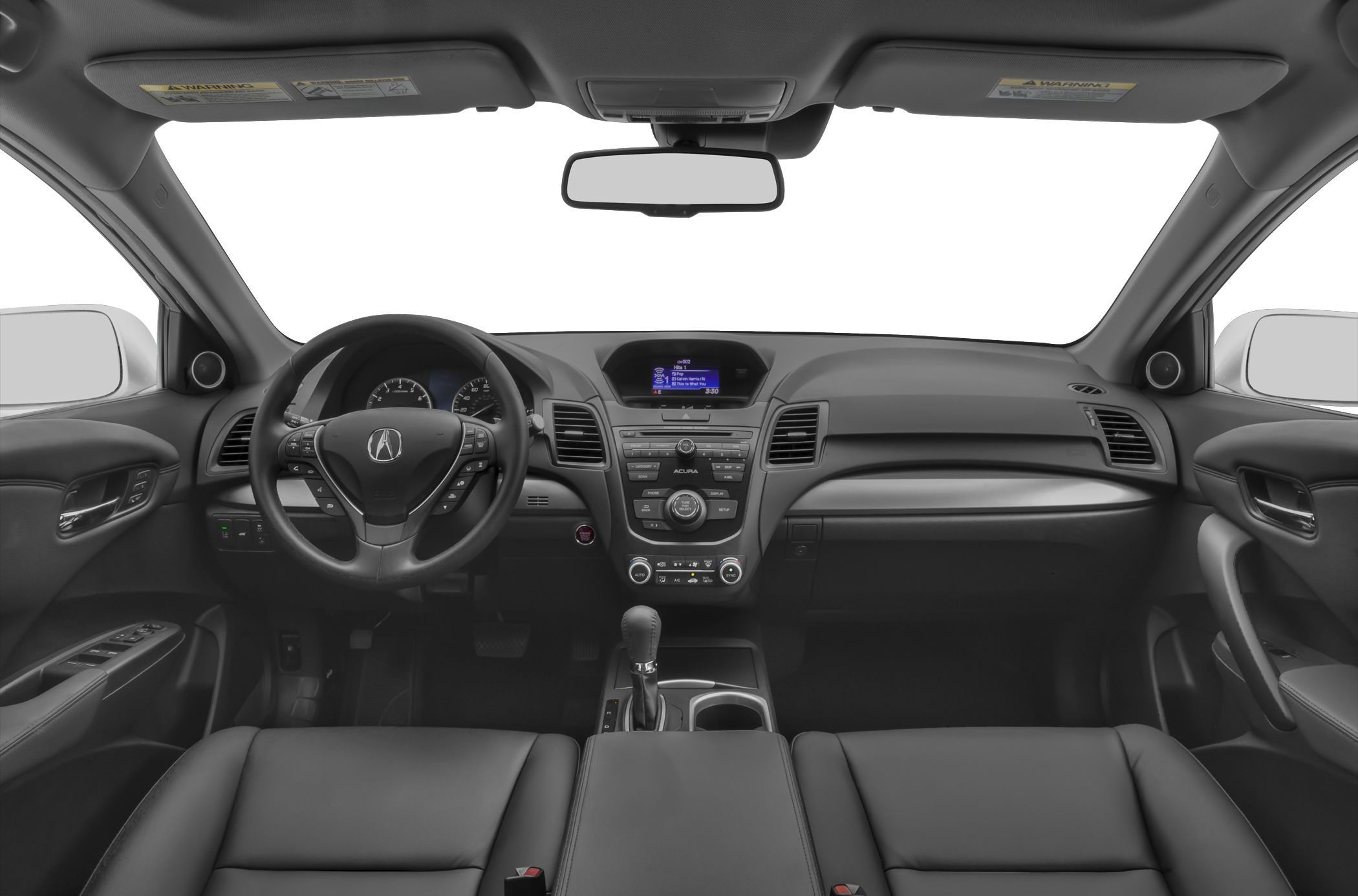 Dashboard and steering wheel with infotainment screen and controls