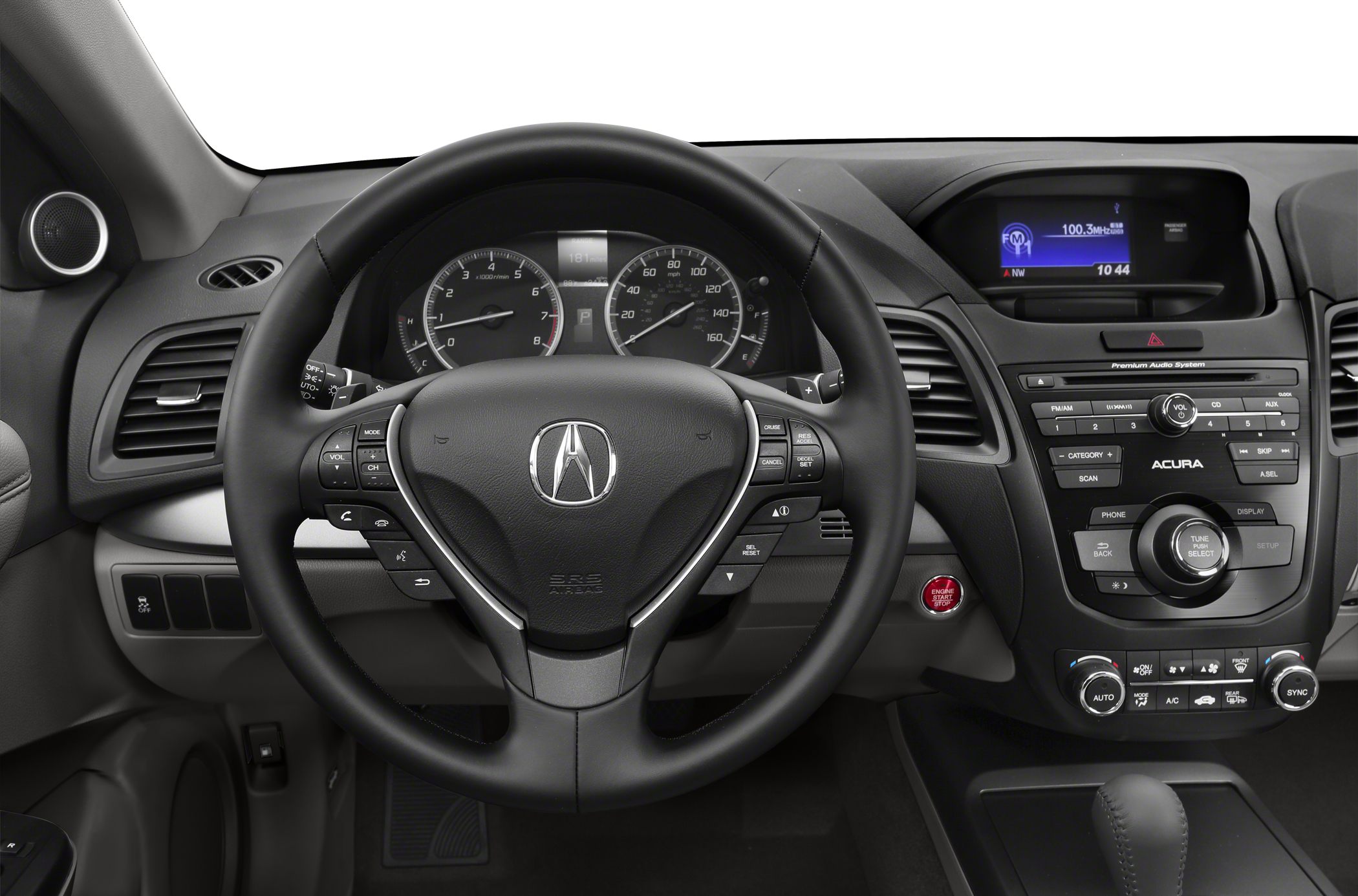 Steering wheel with multi-function controls and dashboard of a vehicle interior
