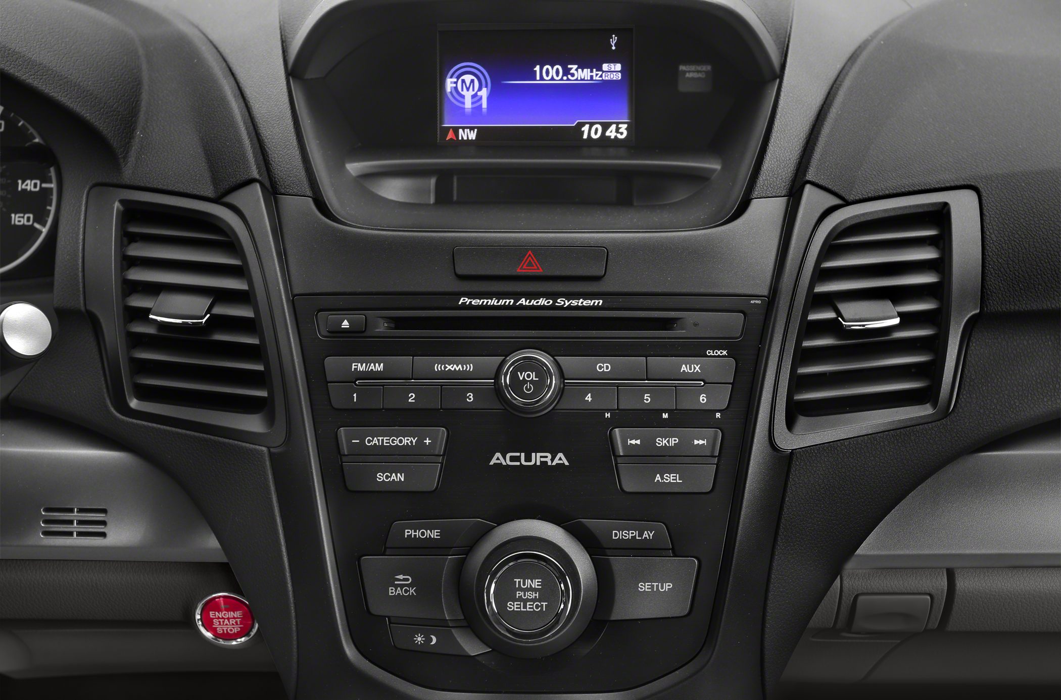 Premium audio system controls and dashboard with climate vents