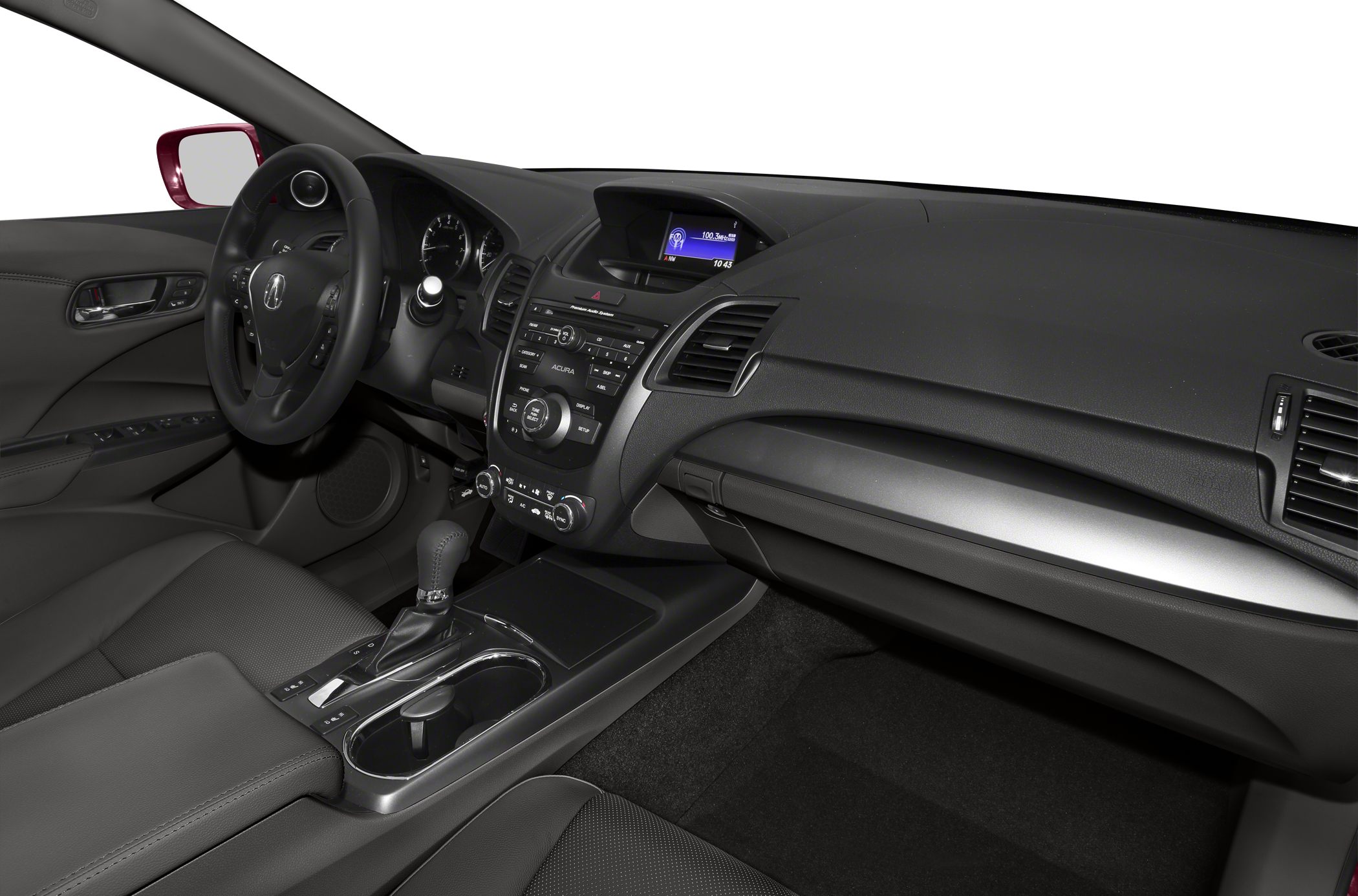 Modern interior dashboard and center console with infotainment and gear shift